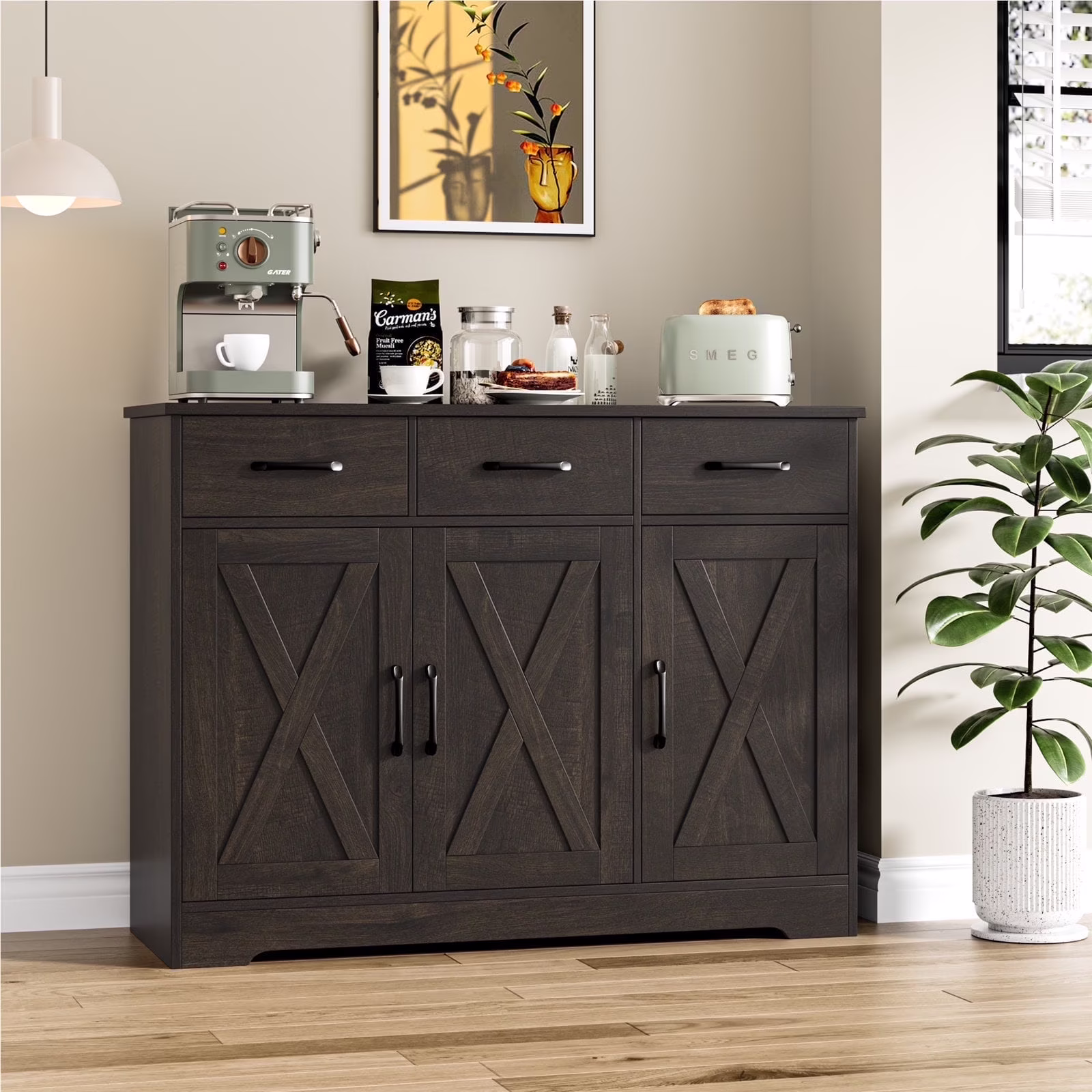 42.5'' Kitchen Buffet Sideboard Cabinet, 3 Drawers Farmhouse Coffee Bar Storage Cabinet with Adjustable Shelf, White(White) - Image 5