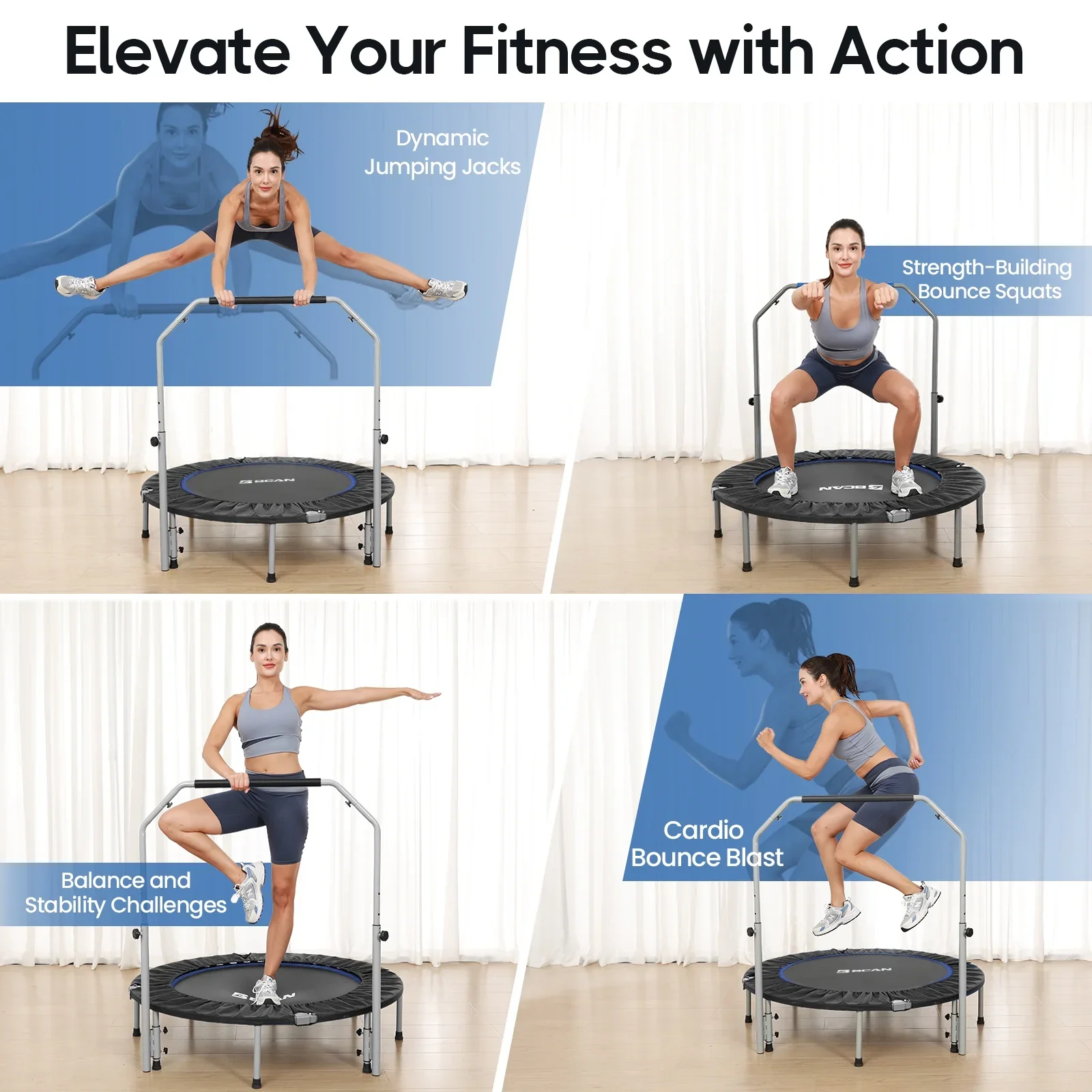 BCAN 40 Foldable Trampoline, Fitness Rebounder with Adjustable Foam Handle, Exercise Trampoline for Adults/kids Indoor/Garden Workout Max Load 330lbs