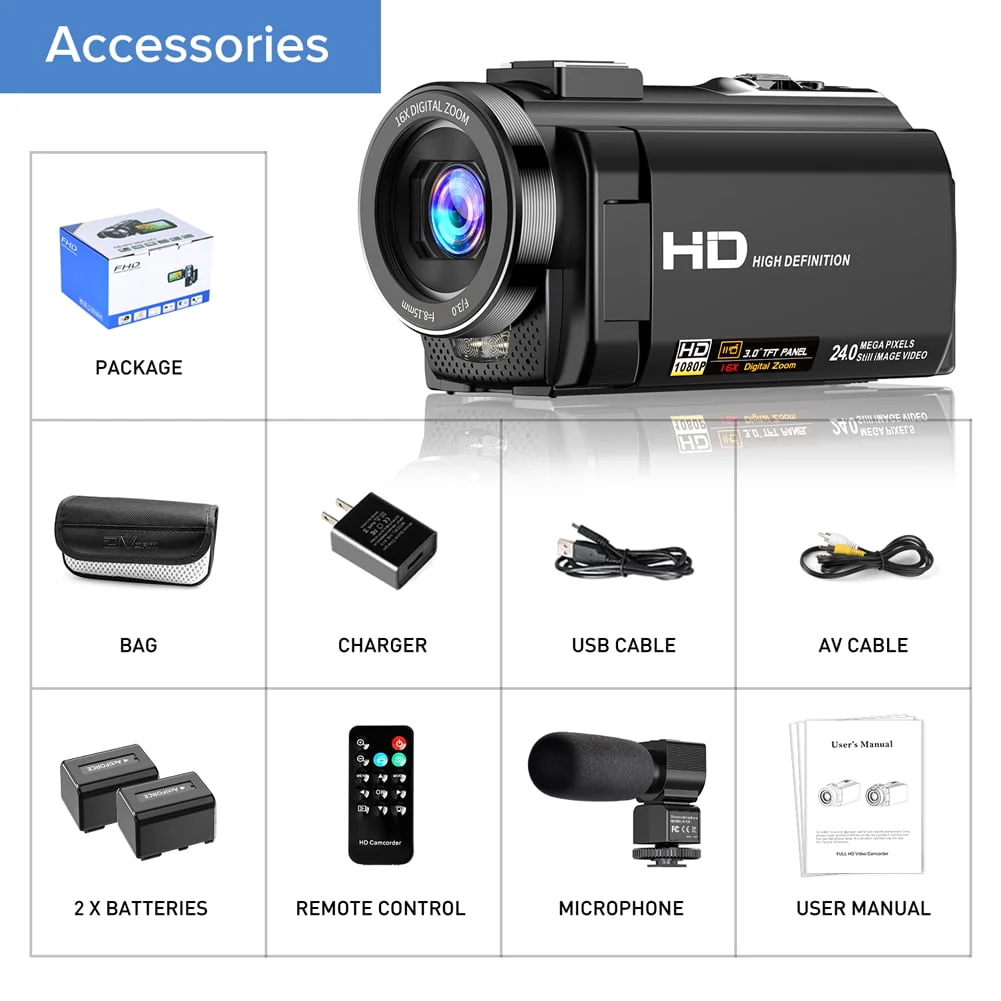 Video Camera Camcorder YouTube Vlogging Camera FHD 1080P 30FPS 24MP 16X Digital Zoom 3" LCD 270 Degrees Rotatable Screen Digital Camera Recorder with Microphone,Remote Control,2 Batteries - Image 7