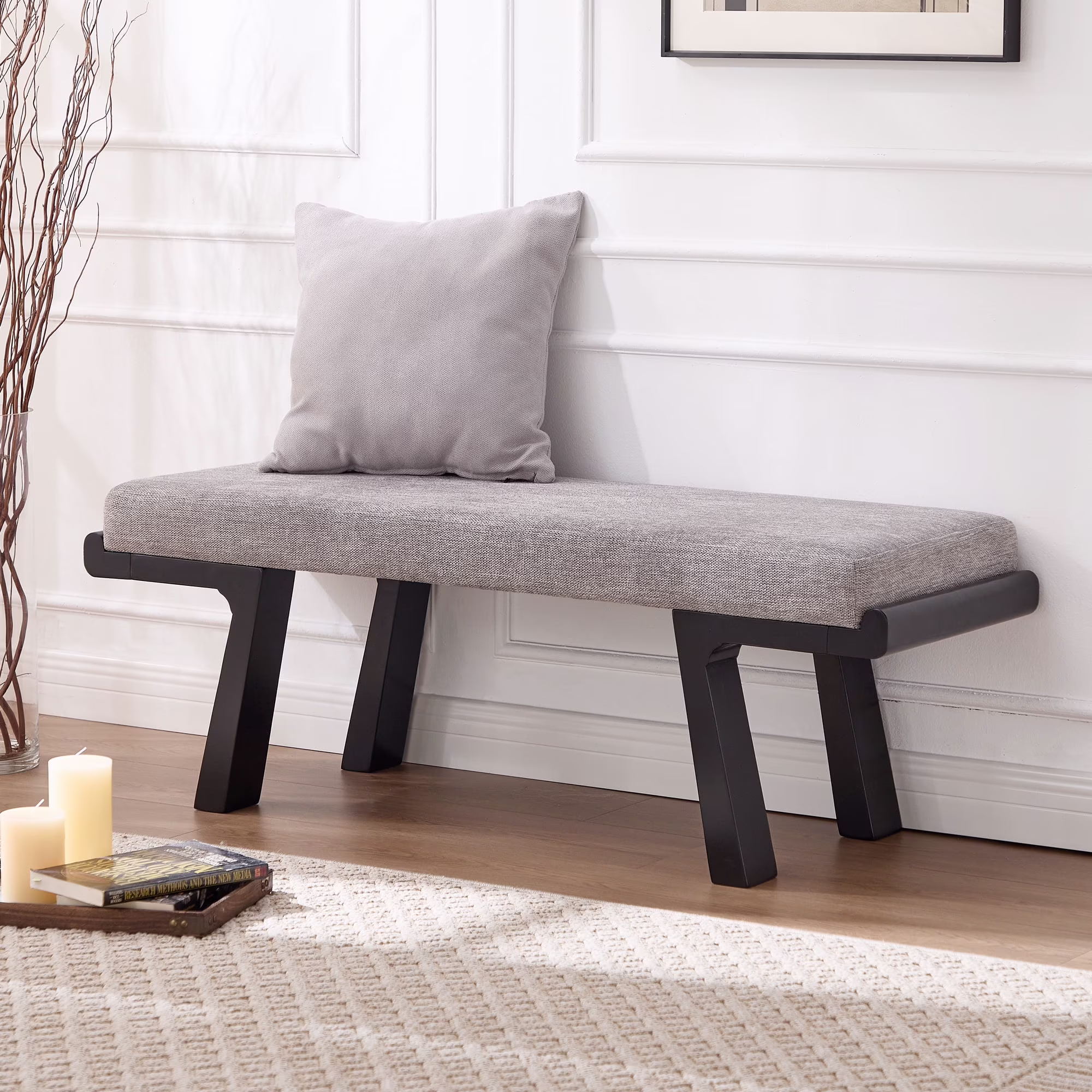 47.4" Linen Upholstered Bench, Entryway Bench with Solid Wood Legs, Modern Ottoman Bench for Living Bedroom Room, Beige(Beige) - Image 3