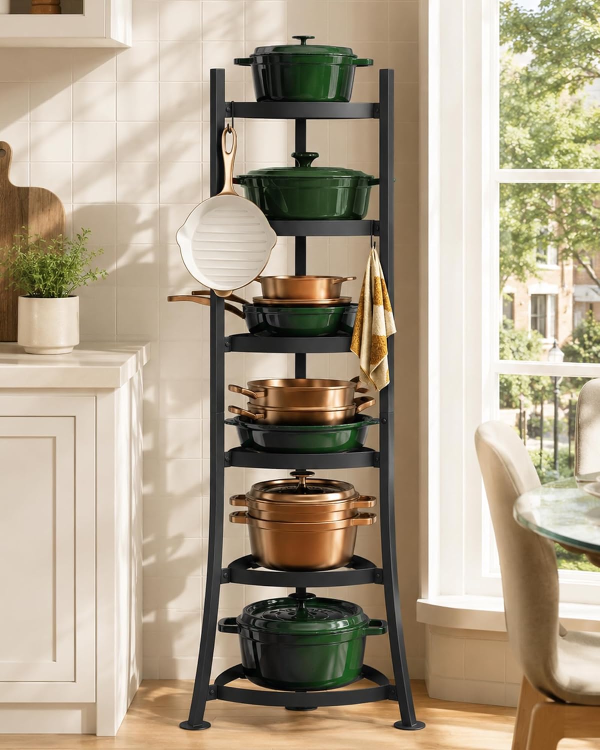 6-Tier Cast Iron Freestanding Pot Rack, 264 Lbs Capacity Cookware Storage Tower with 6 Hooks, Pot and Pan Organizer for Kitchen and Dining Room, Matte Black
