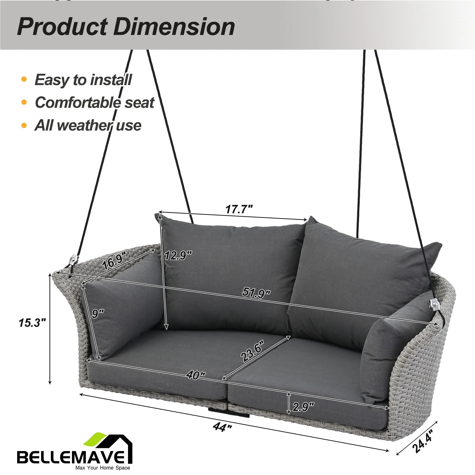 BELLEMAVE 51.9 2-Person Hanging Seat, Deck, Backyard, Garden Rattan Woven Swing Chair, Porch Swing Chair with Ropes, Pillow and Removable Cushion(Gray)