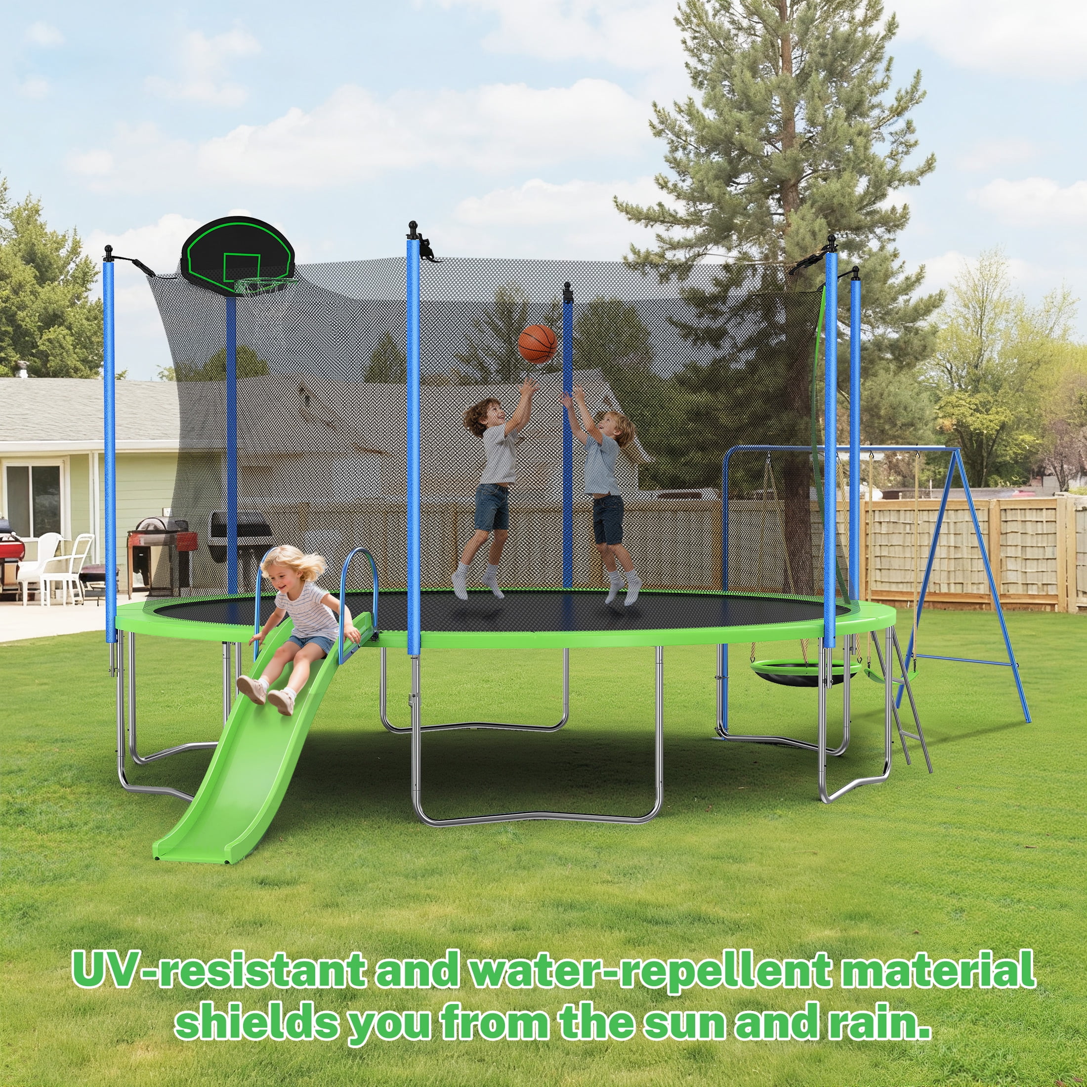 12FT Trampoline with Slide, Swings, Recreational Trampoline with Basketball Hoop and Ladder, Heavy Duty Outdoor Backyard Trampoline with Net for Kids and Adults, Green(Green-12FT) - Image 6