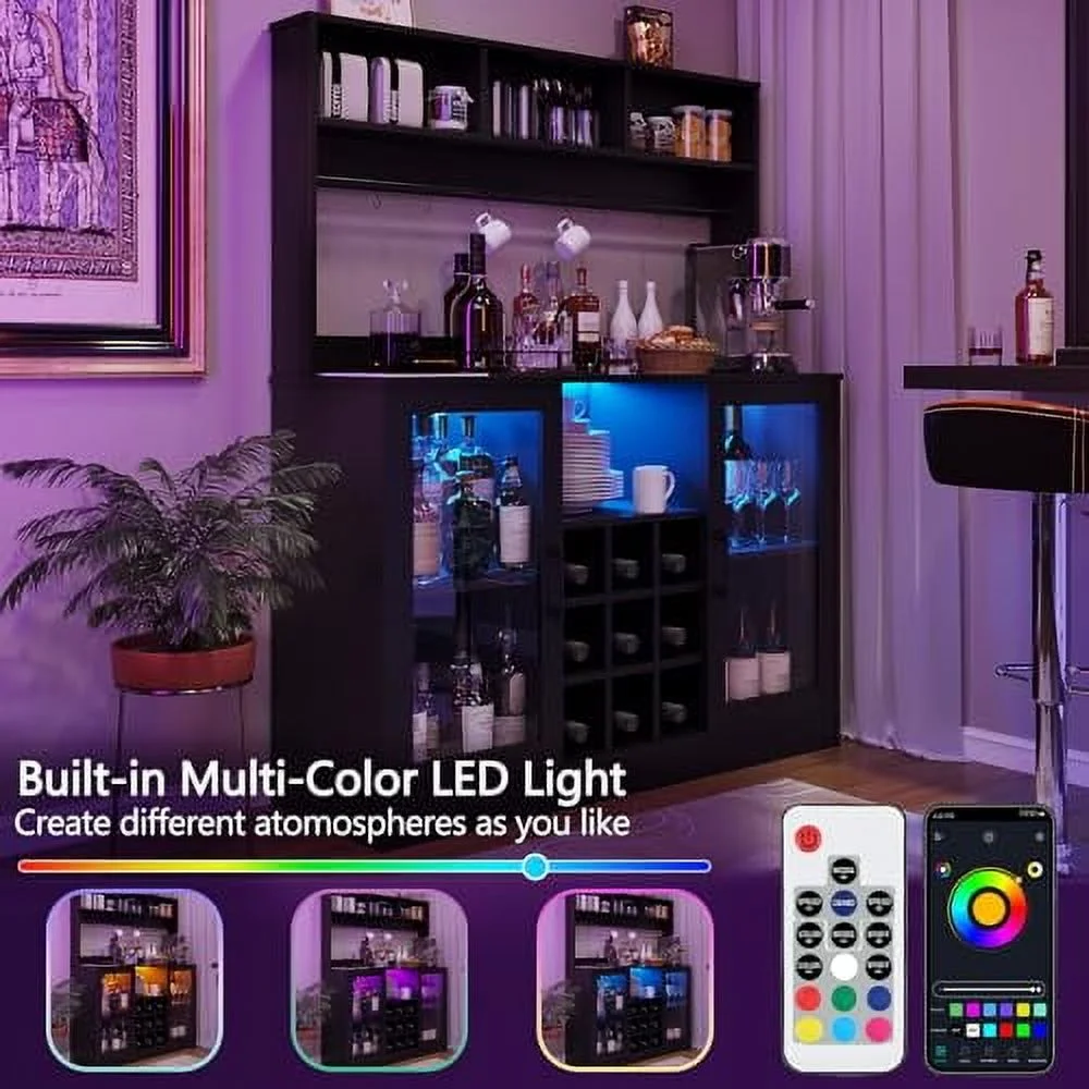 Coffee Bar Cabinet Wine Bar Cabinet with Power Outlet, 6 Hooks,9 Wink Racks and Adjustable Shelf, Liquor Cabinet Bar with LED Light, Buffet Sideboard with Storage Shelf for Kitchen, Black(Black) - Image 4