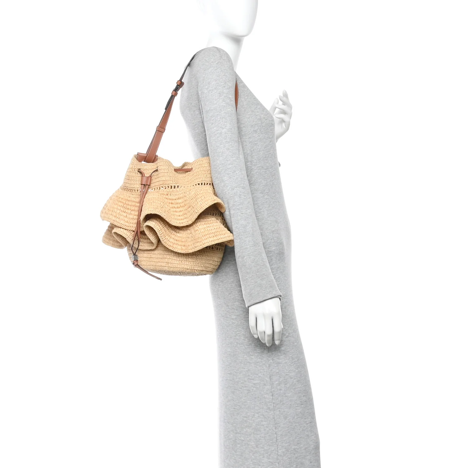 Raffia Calfskin Paulas Ibiza Balloon Ruffle Basket Tote Bag Natural Tan