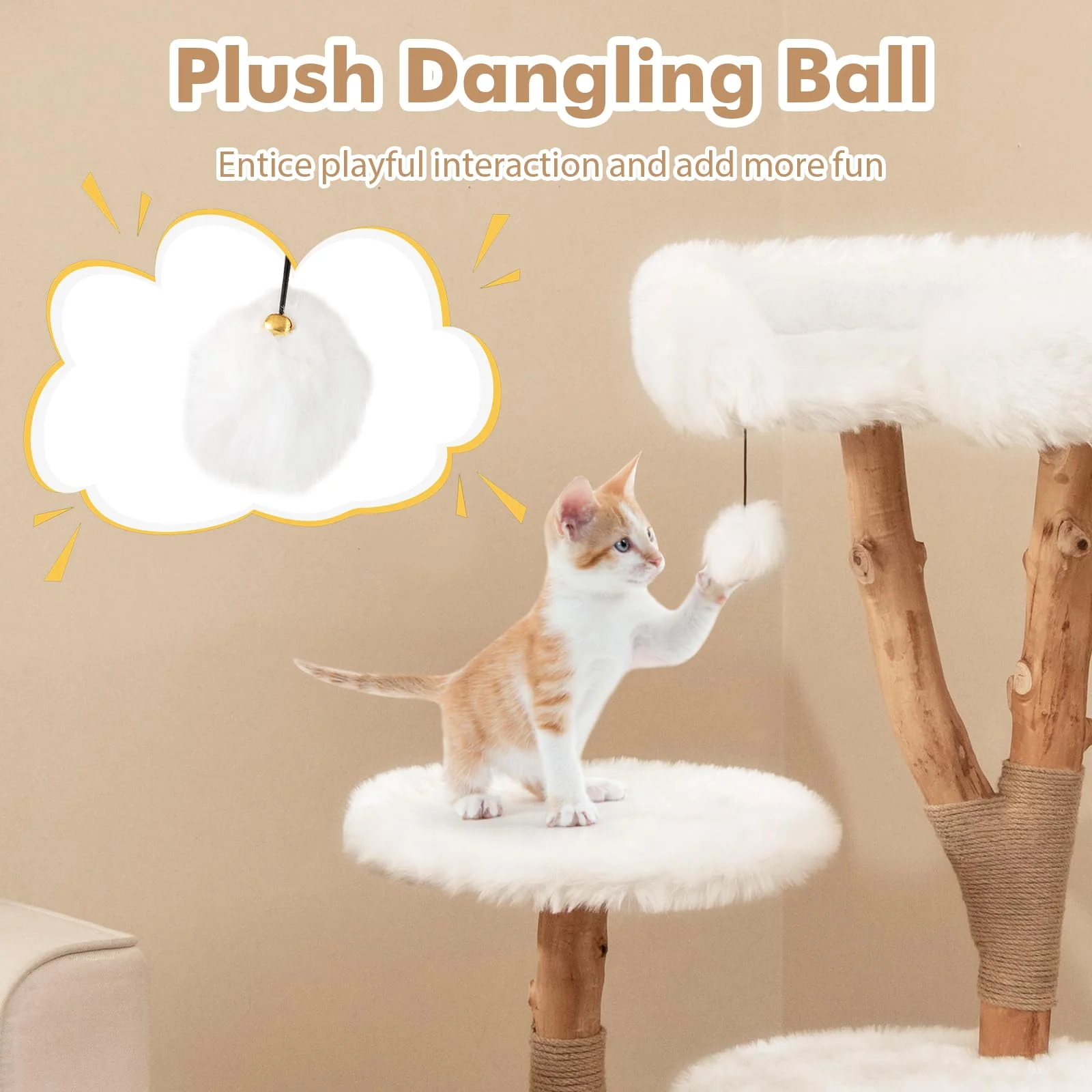 Tangkula Solid Wood Cat Tree, Modern Wooden Cat Tower with Perch, Jute Scratching Posts, Dangling Ball