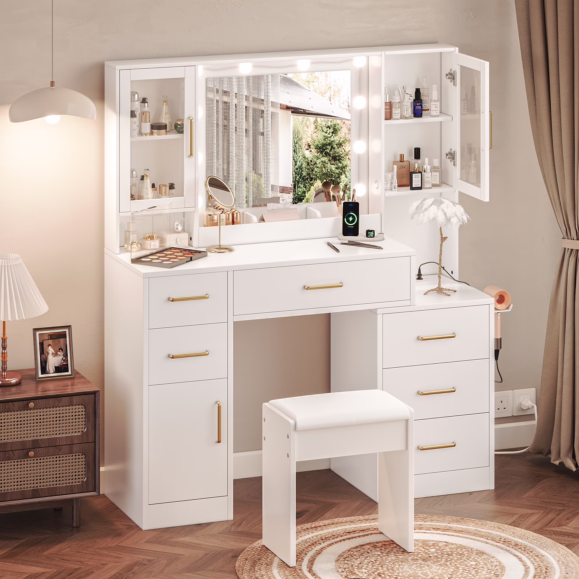 58.3" White Vanity Desk with Mirror, Adjustable Lighting, Power Outlet, Drawers, with Stool(58.3 Inch White) - Image 7