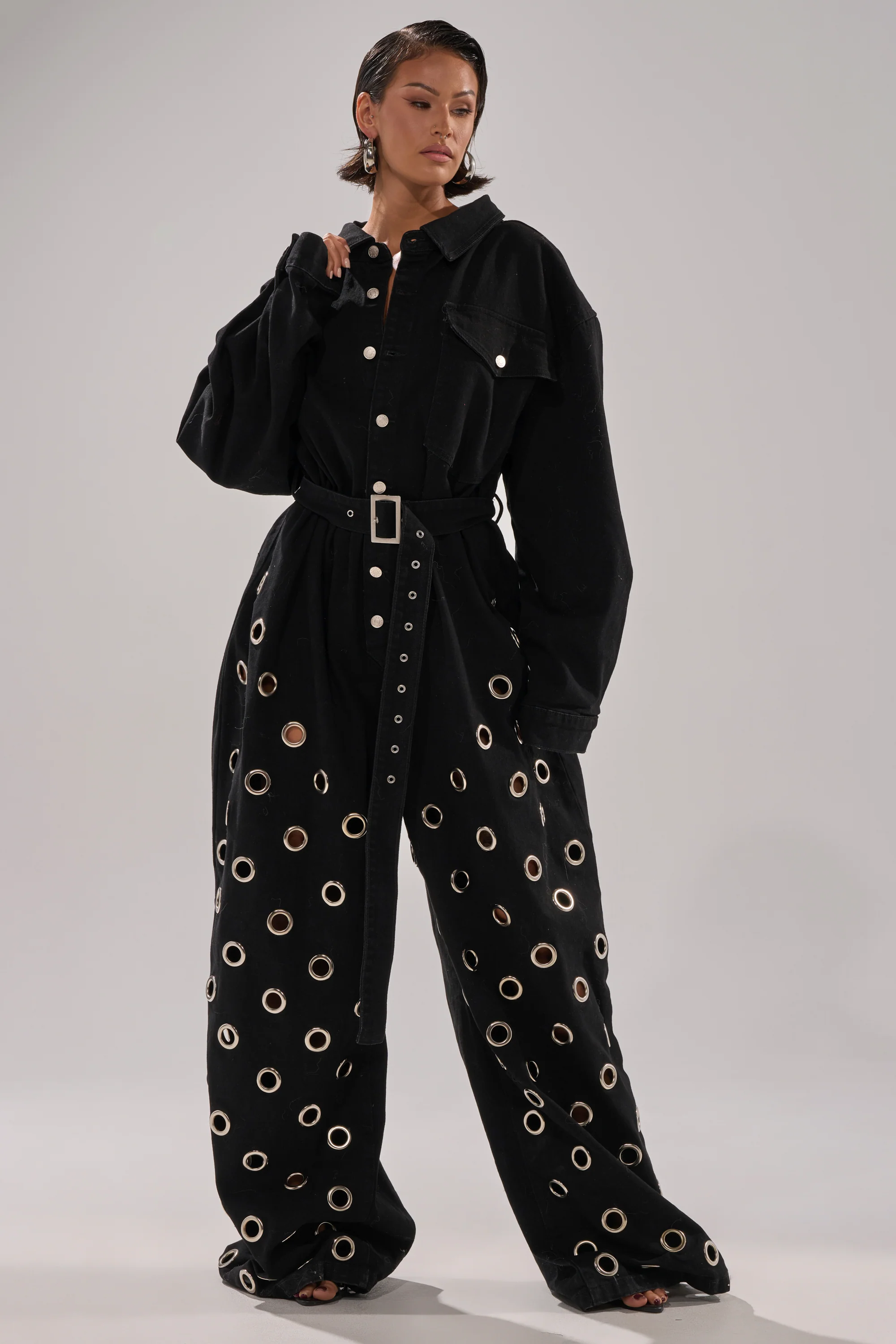 PLAY YOUR CARDS RIGHT DENIM JUMPSUIT WITH GROMMETS - Akira Store