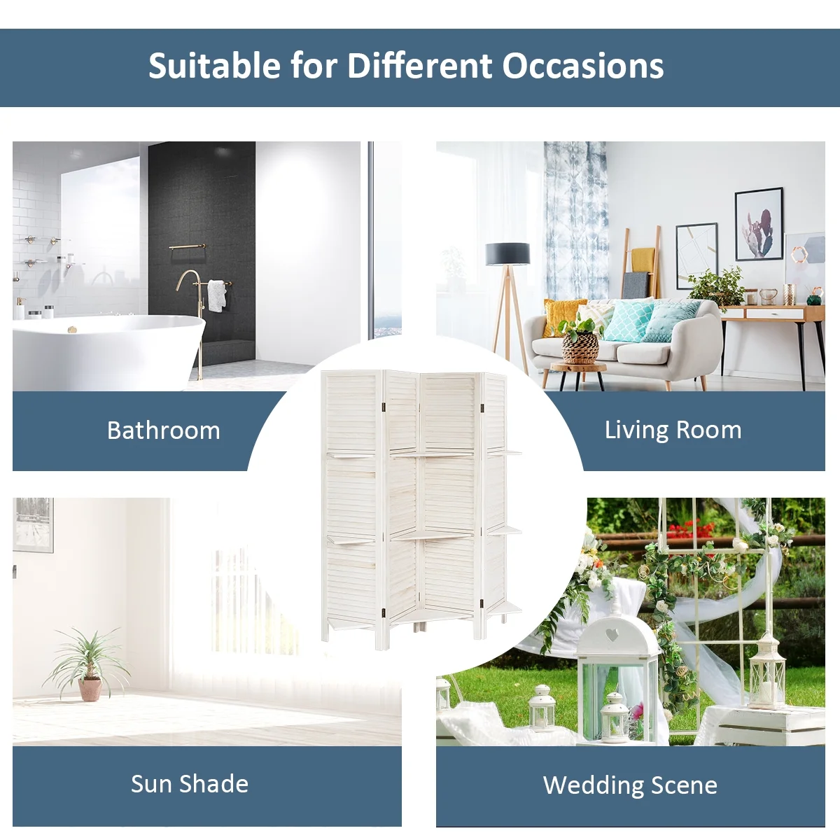 4 Panel Folding Room Divider Screen W/3 Display Shelves 5.6 Ft Tall(White) - Image 7