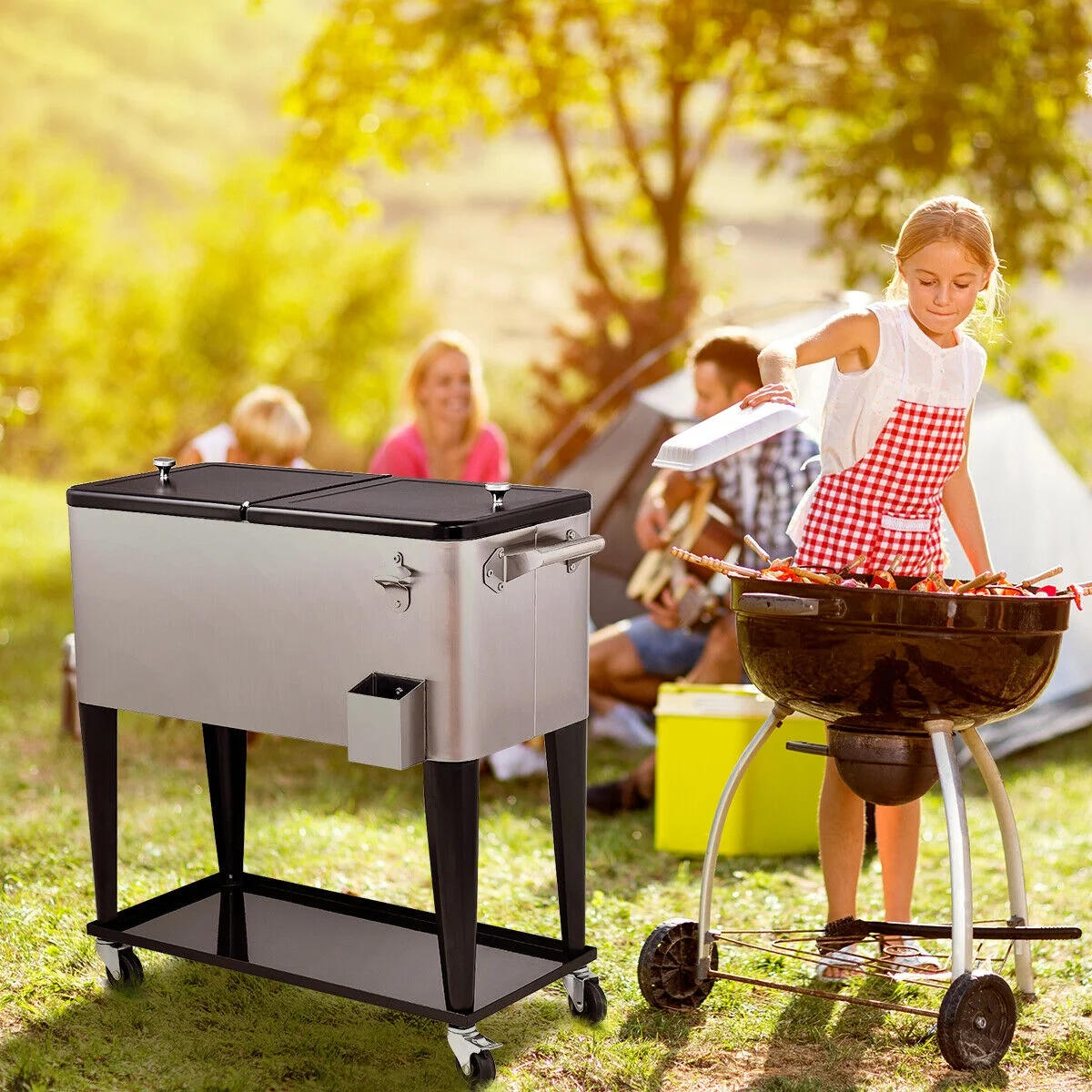 Patio Cooler Rolling Outdoor Stainless Steel Ice Beverage Chest Pool 80 Quart - Image 4