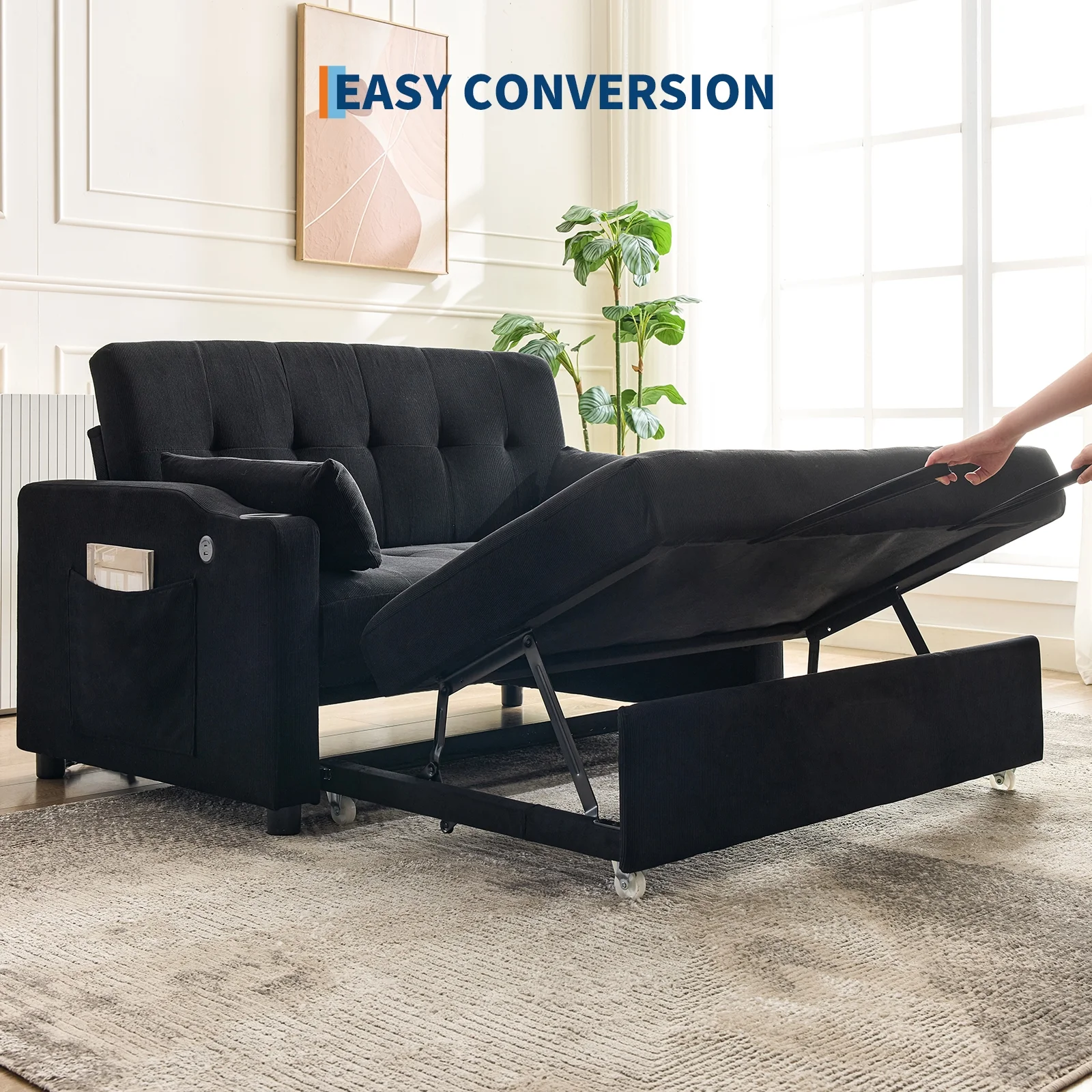 3 in 1 Convertible Sleeper Sofa Bed, Corduroy Futon Couches with Pull-Out Bed, Adjustable Backrest, Charging Port Side Pockets, Modern Upholstered Sofa for Living Room, Guest Room(Queen/Corduroy | Black) - Image 8