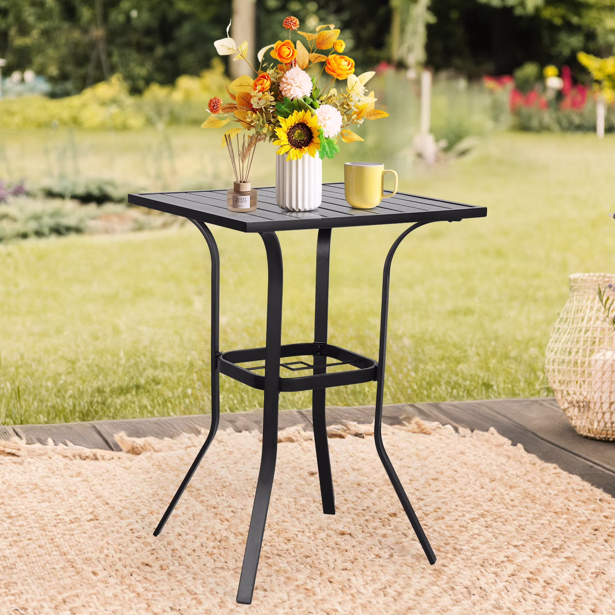 Outdoor Patio Bar Height Table Metal Bistro Table with Umbrella Hole, Black