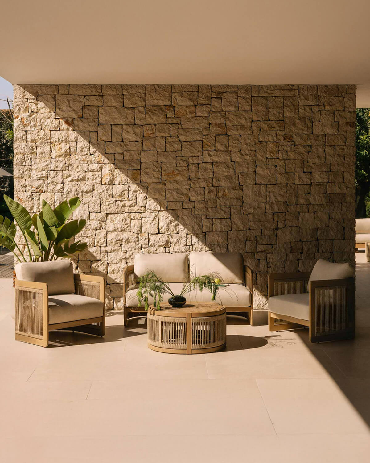 Mares - Set de Jardín con Sofá 2 Plazas, 2 Sillones y Mesa de Centro de Madera de Acacia y Cuerda Mares