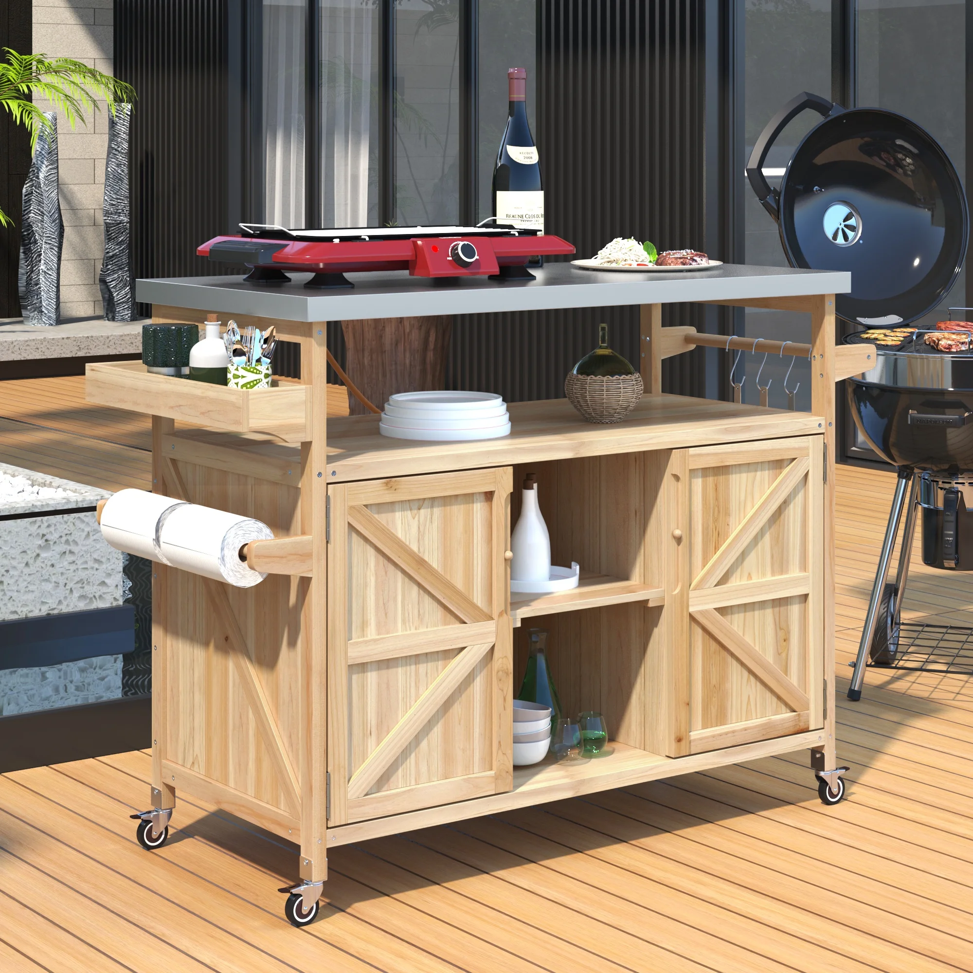 Outdoor Serving Cart Kitchen Island Solid Wood Mobile Rolling Bar Cart with Lockable Wheels, Rack and Stainless Steel Top Beverage Storage Counter Table with Cabinet for Patio, Natural(Natural/Style 1) - Image 2