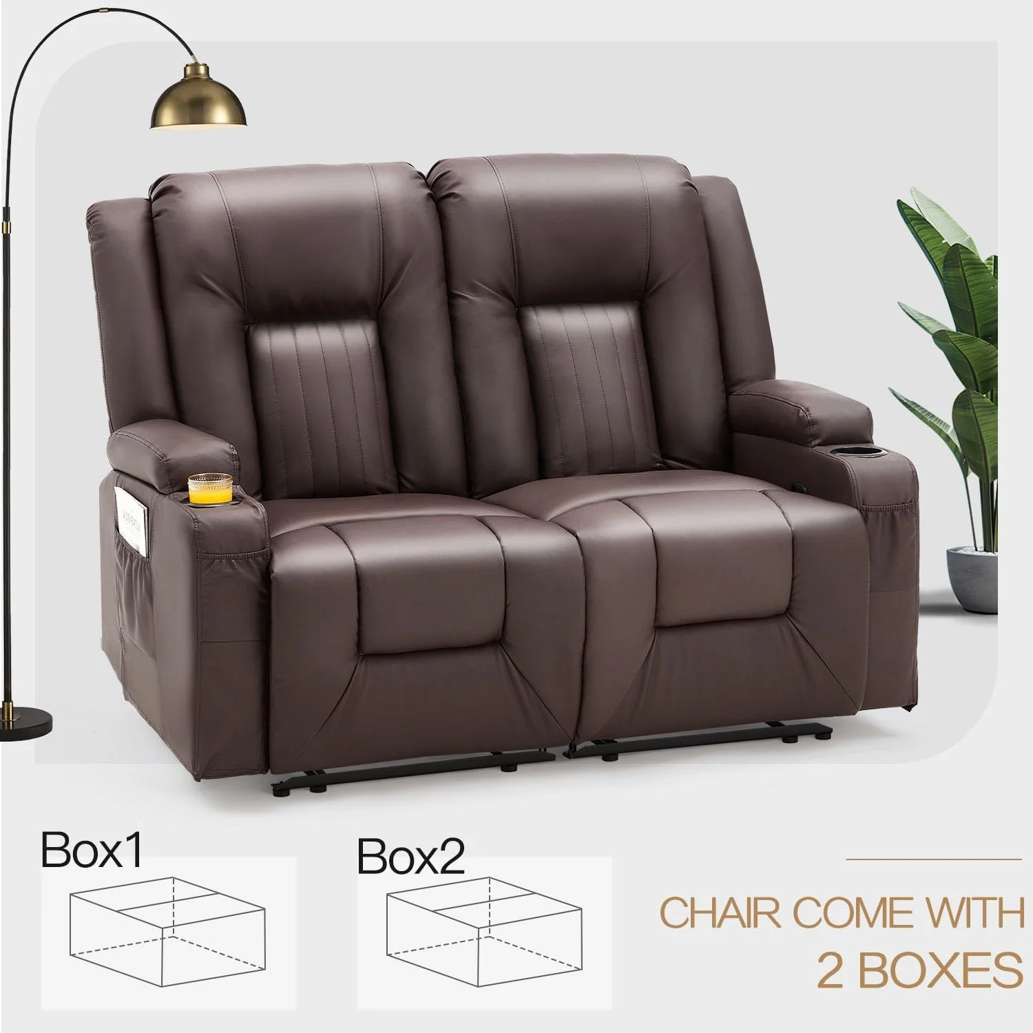 AECOJOY Loveseat Recliner with Cup Holders&Side Pockets, Brown, 2