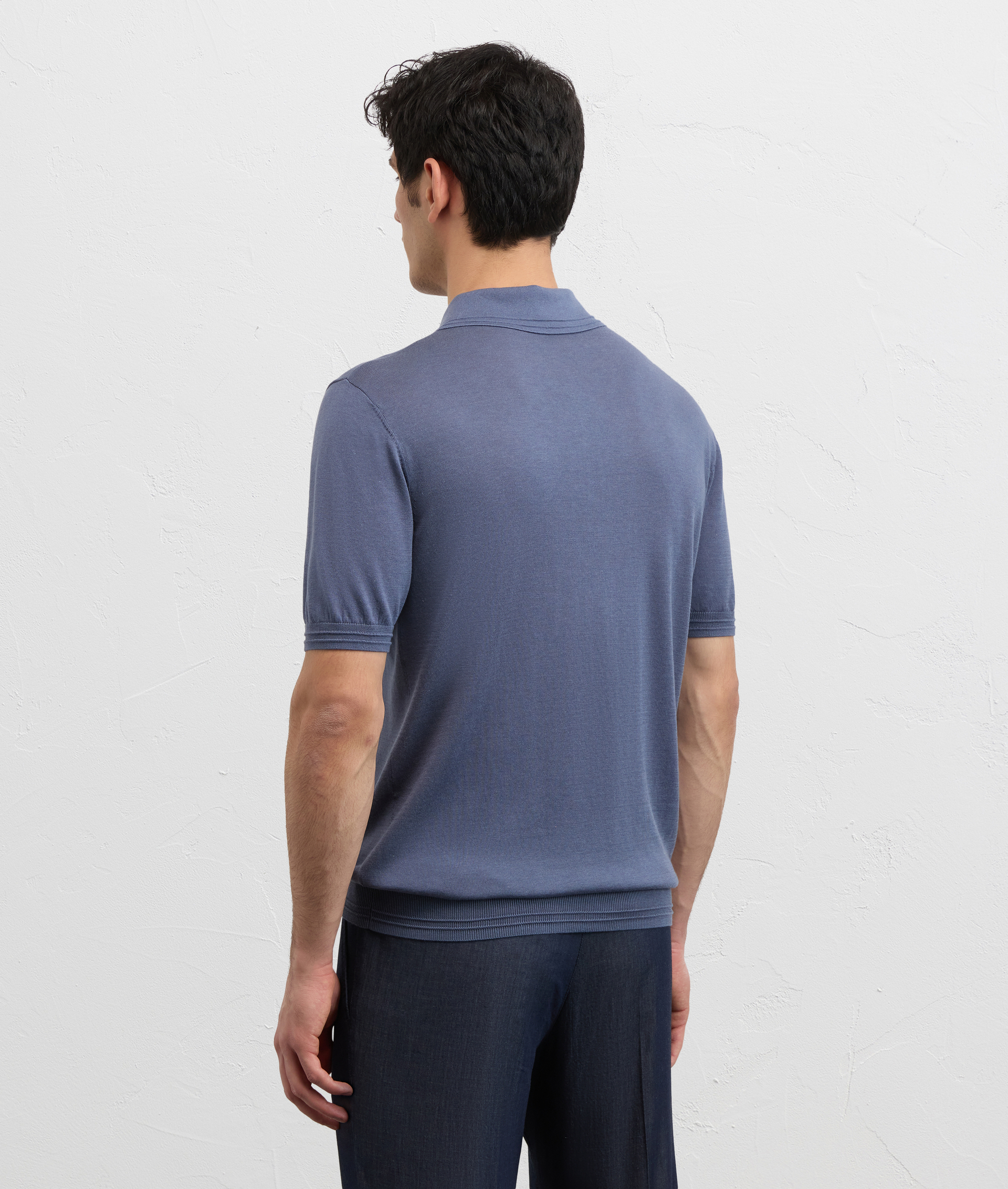 LIGHT BLUE LYOCELL COTTON AND SILK KNITTED SHORT SLEEVED POLO SHIRT