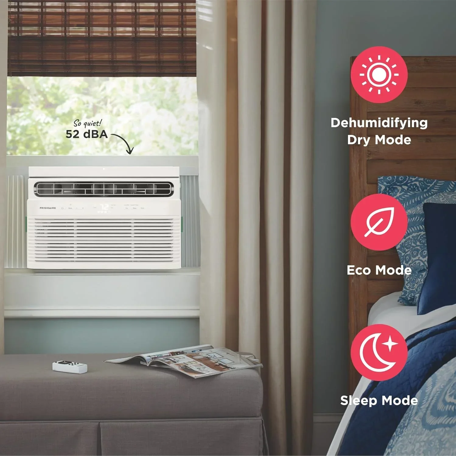 Climatiseur de fenêtre Frigidaire 5 000 BTU avec télécommande. Refroidit jusqu'à 150 pi². Fonctionnement silencieux.