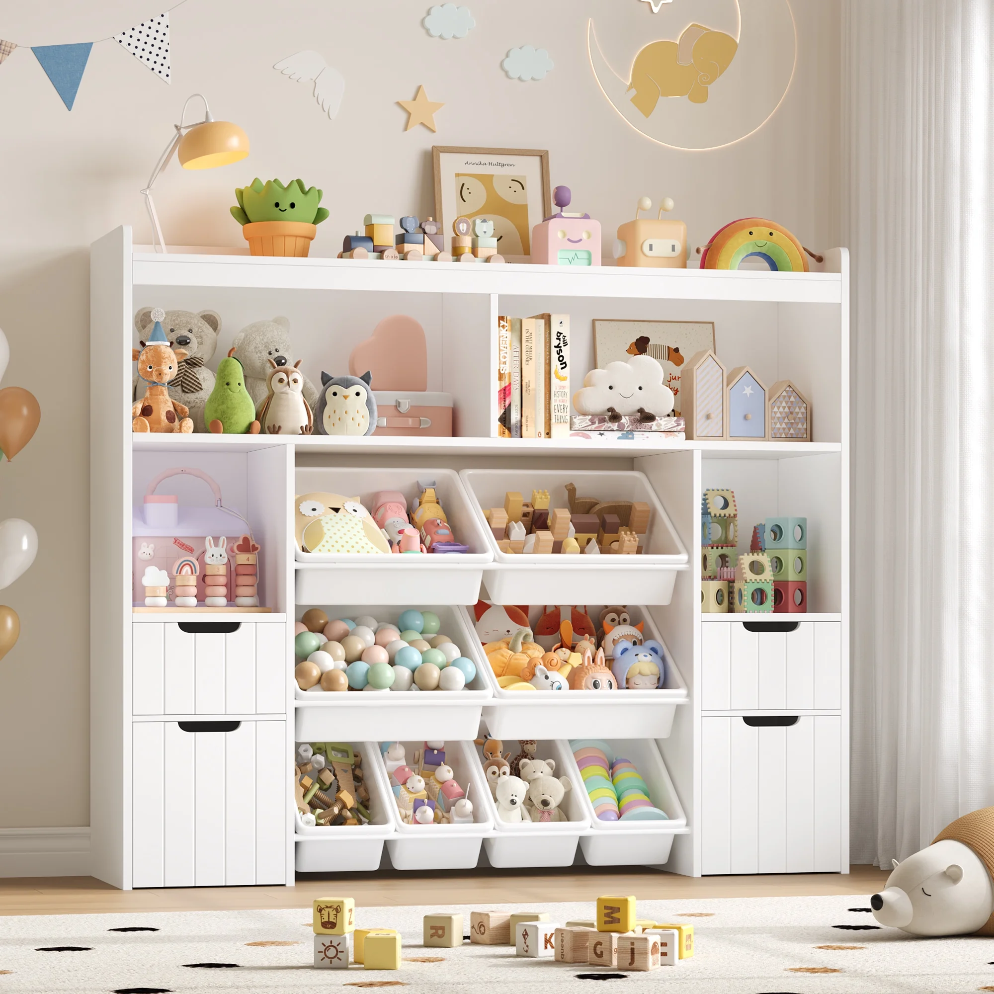 Kids Toy Storage Organizer with Removable Bin, Kids Bookshelf and Bookcase Toy Box with Drawers for Playroom, Classroom, White(White) - Image 4