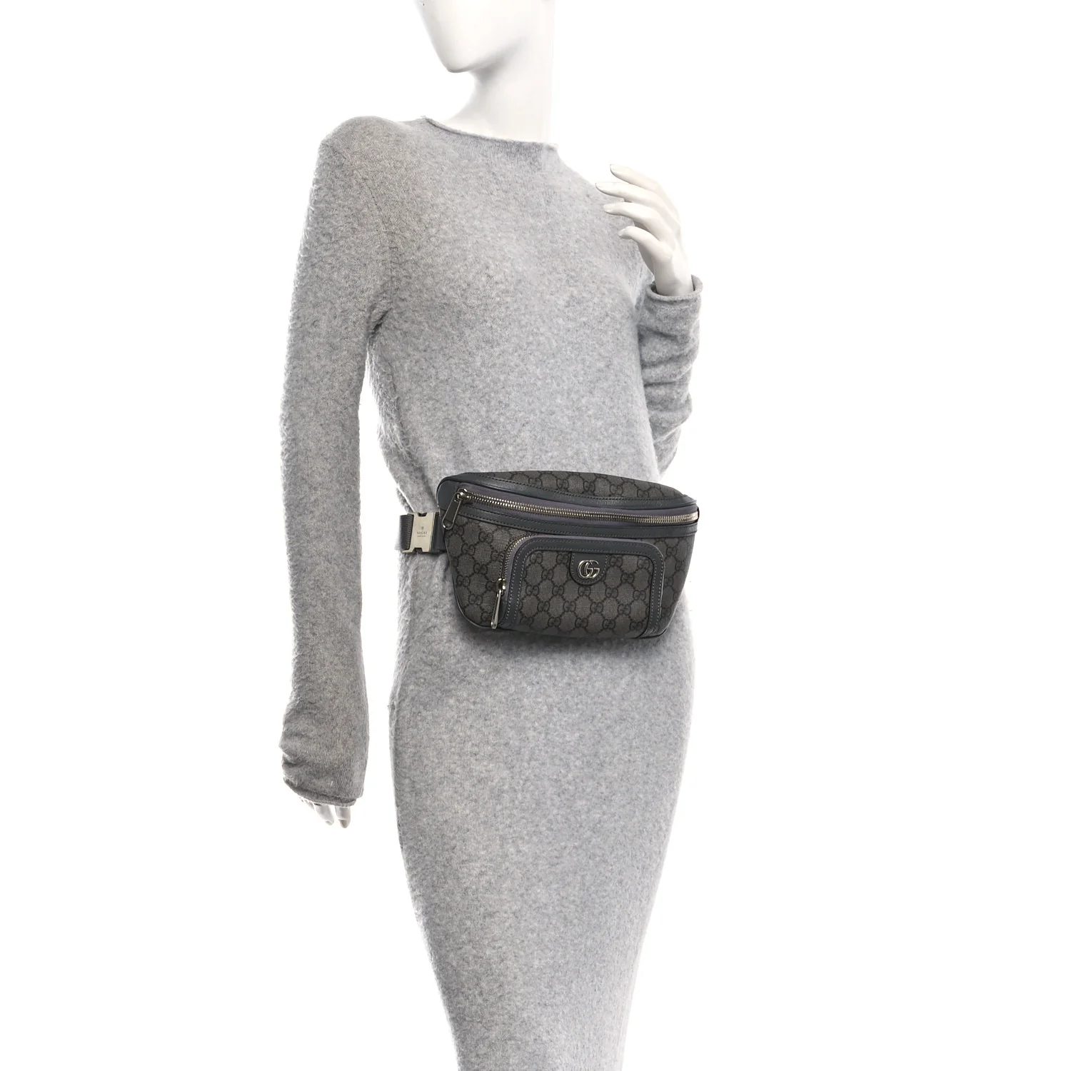 GG Supreme Monogram Textured Dollar Calfskin Ophidia Belt Bag Grey Black Graphite Grey
