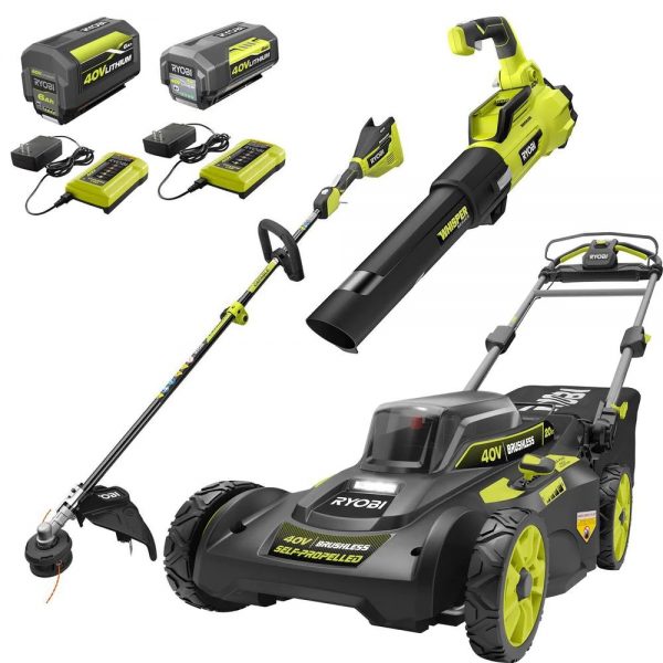 RYOBI 40V Borstelloos 20 inch. Walk Behind Zelfrijdende Maaier/Grastrimmer/Bladblazer met (2) Accu's en (2) Opladers