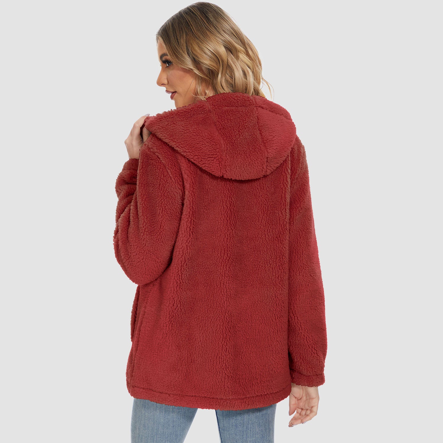 Veste sherpa pour femme avec capuche, fermeture éclair intégrale et poches, manteau polaire doux et chaud pour l'hiver.