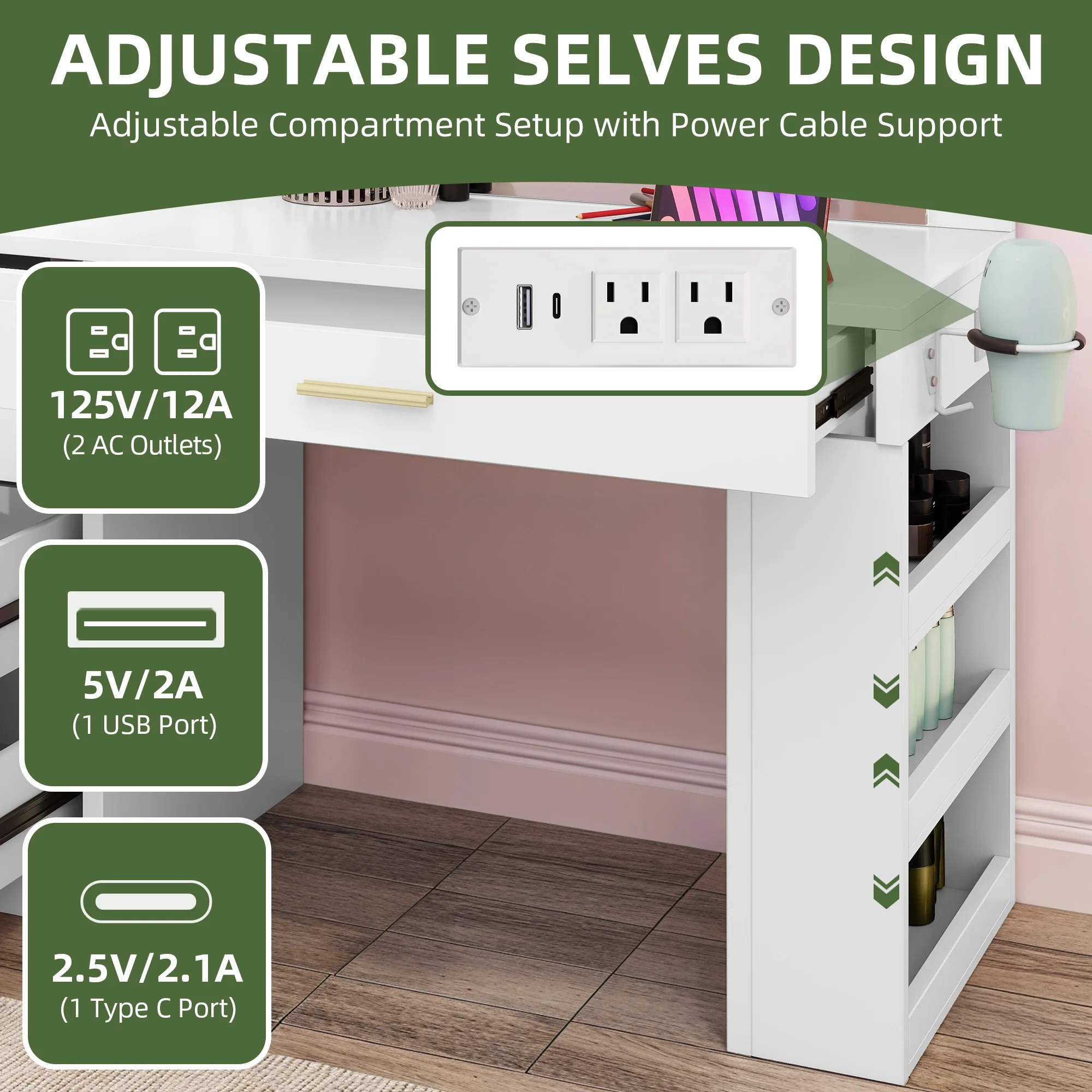 Makeup Vanity Desk with Mirror Lights, Vanity Desk with 4 Drawers Storage Shelves White(White) - Image 8