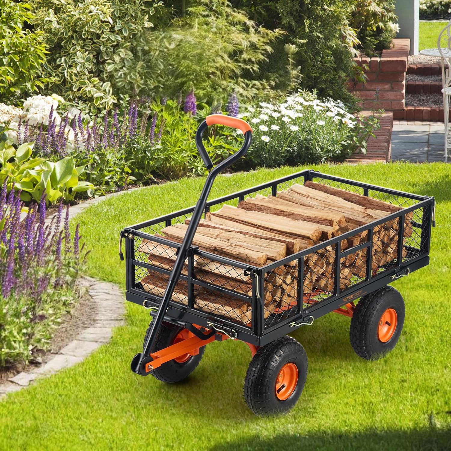 Chariot de jardin basculant, chariot de jardin robuste avec ridelles amovibles, transformable en plateau, doublure utilitaire, roues tout-terrain de 25 cm