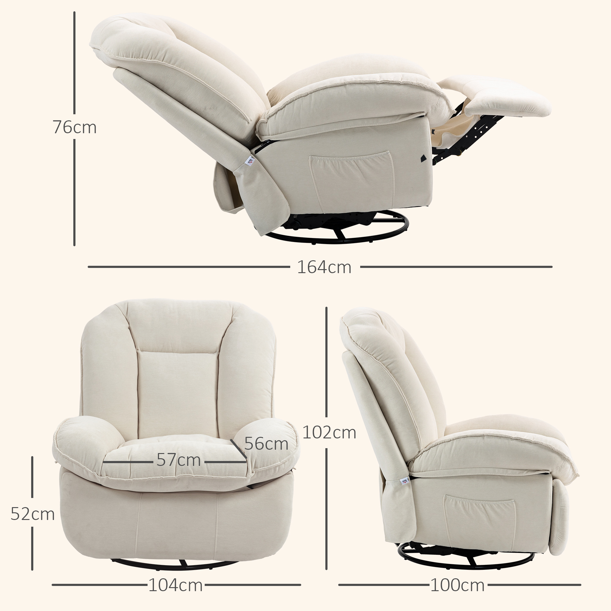 HOMCOM Relaxfauteuil, verstelbaar, 104x100x102cm/164x76cm, Crème Wit