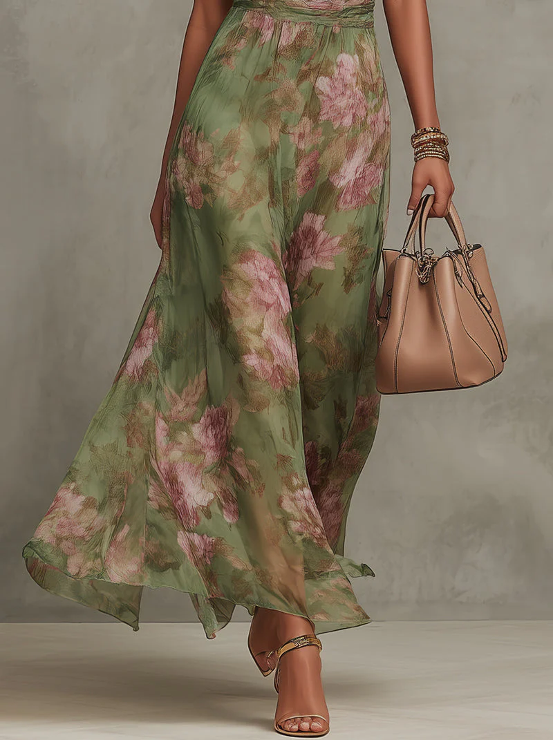 Robe longue en mousseline à fleurs vertes avec col licou