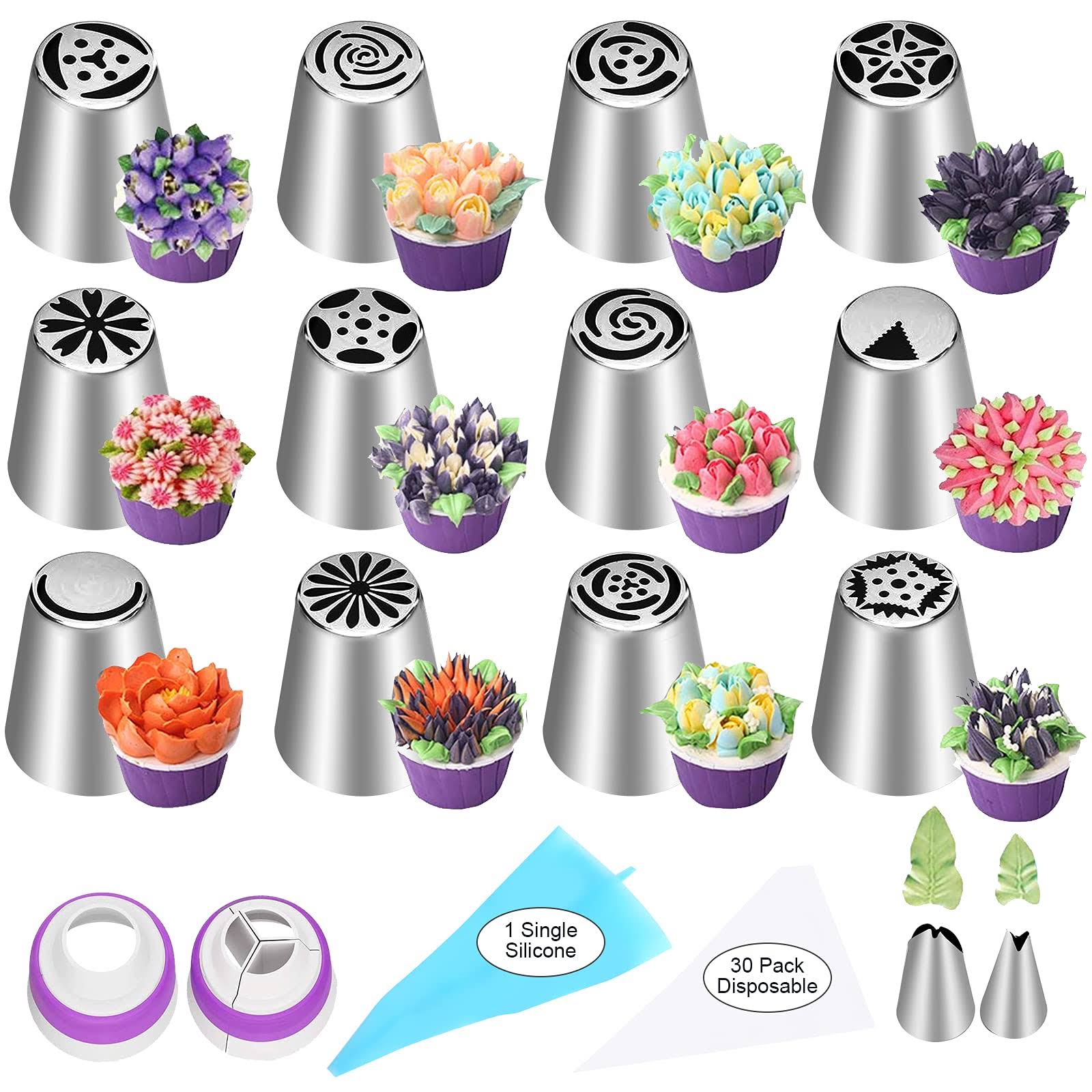 Ylyl 47 Pcs Russian Piping Tips Set, 12 Flower Frosting Tips Nozzles Icing Tips for Cake Decorating Tips Kit, Baking Supplies for Cookie Cupcake, 2