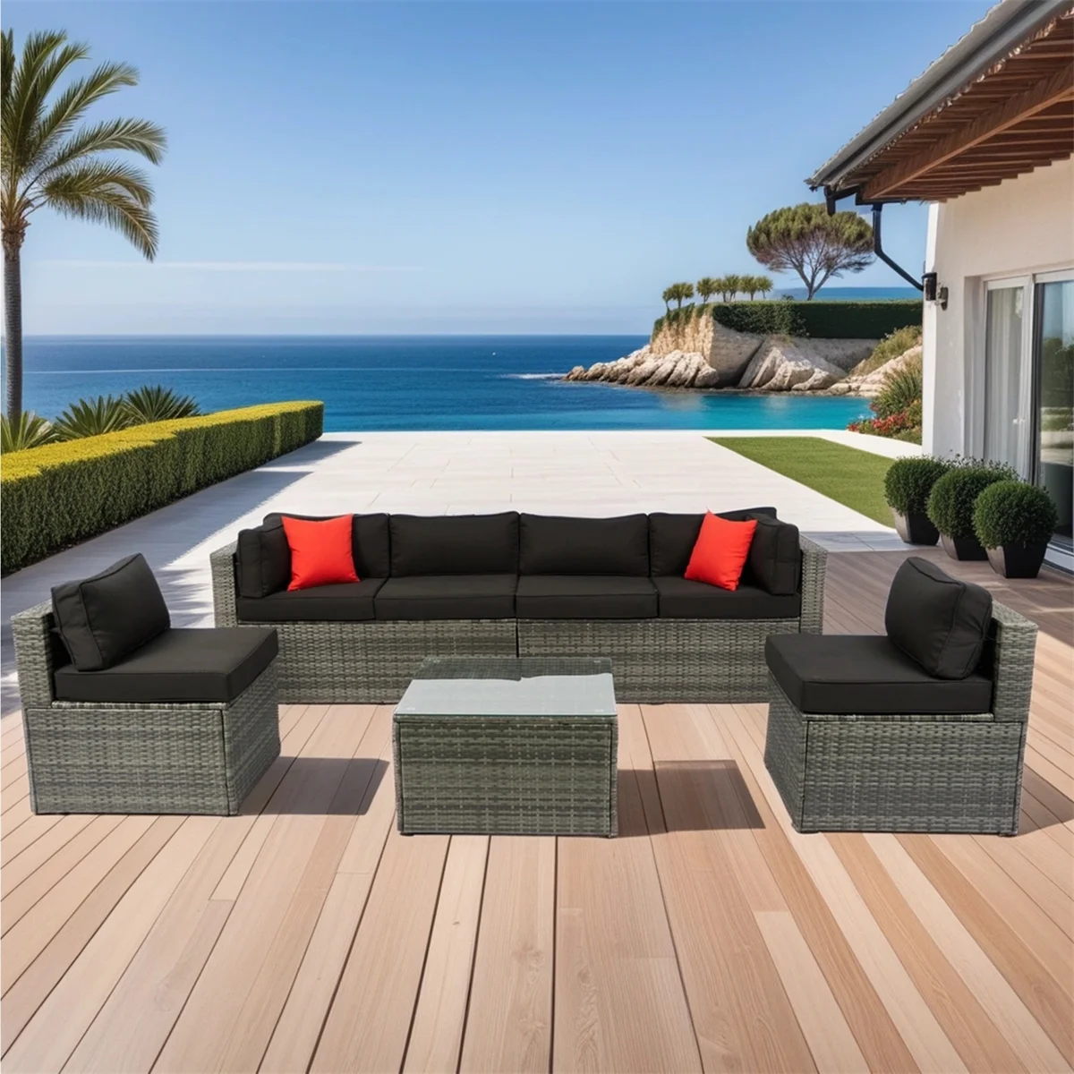 7 Piece Patio Furniture Sets Outdoor Sectional PE Rattan Outdoor Furniture Patio Conversation Set with Cushions and Glass Coffee Table, for Balcony Lawn and Garden, Gray(7pcs#Gray) - Image 4