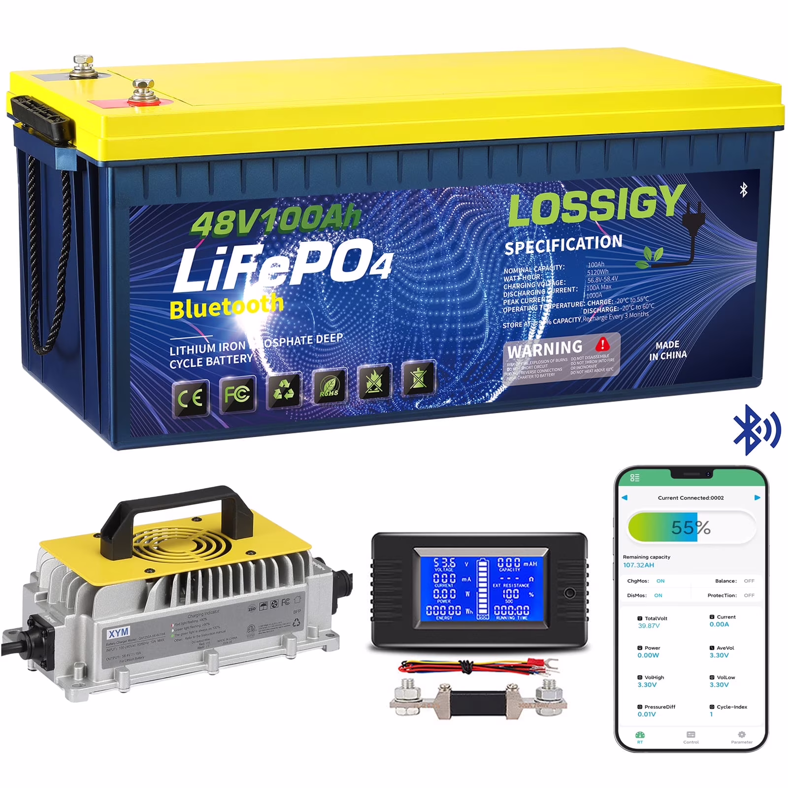 48V 100AH LiFePO4 Lithium Golf Cart Battery with 48V18A Charger, Perfect for Solar System, Marine, 5120Wh 5000+ Deep Cycles, Built in BMS with 10 Yrs Lifespan