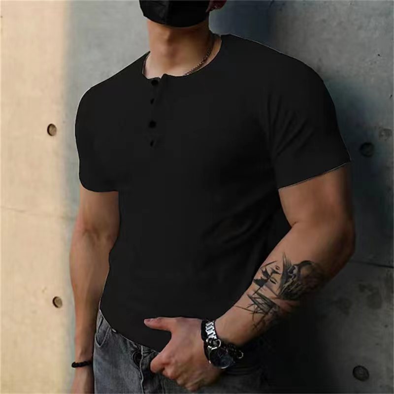 T-shirt Henley uni à col rond, coupe slim et décontracté pour homme