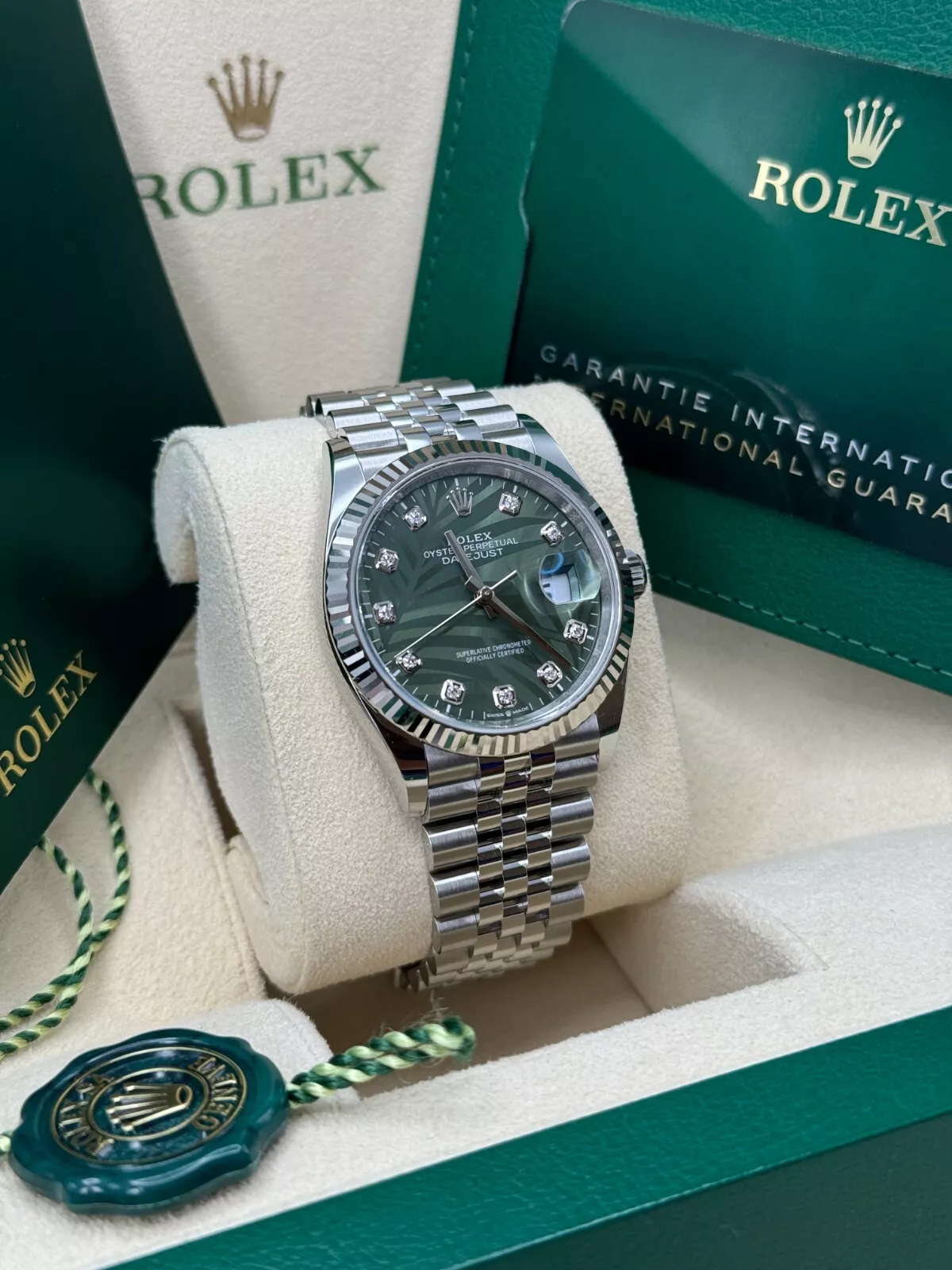 [Super Clone]RLX  Datejust 36mm 126234-0055 Olive Green Palm Motif Diamond Dial Jubilee Stainless Steel Watch