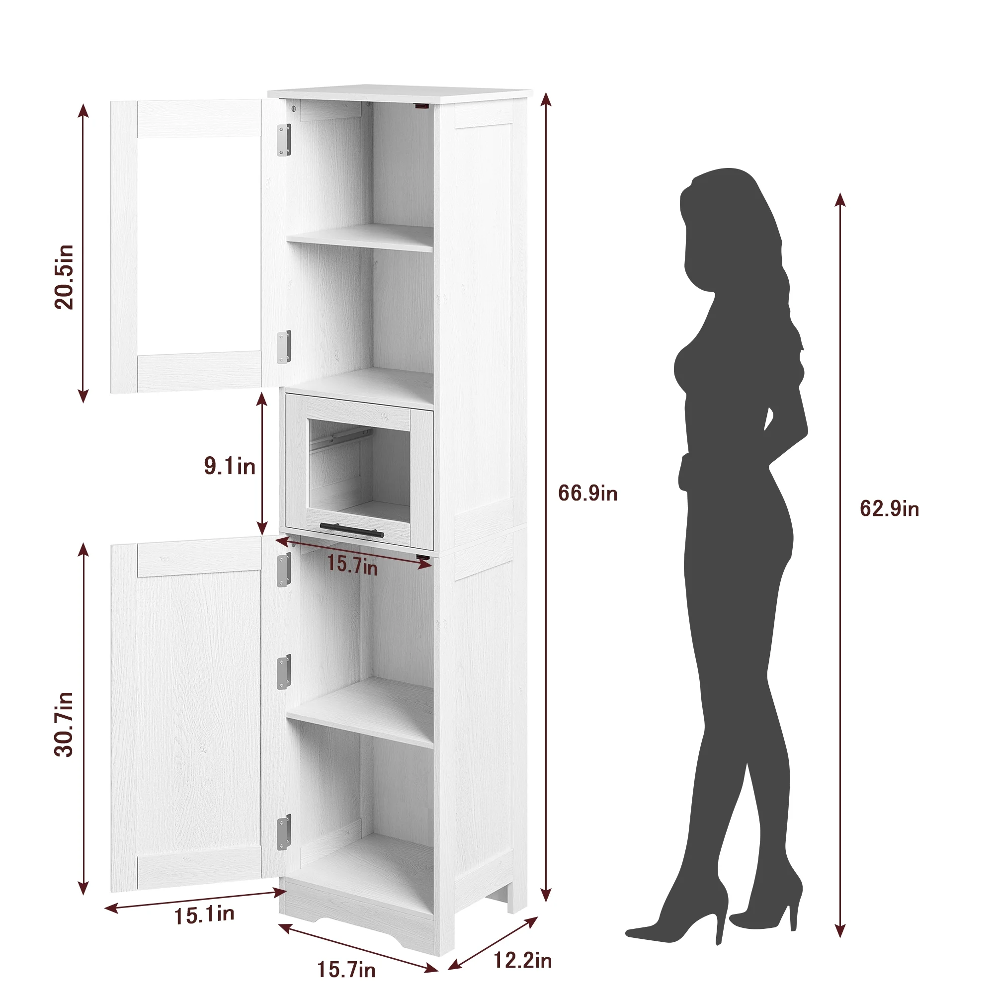 Bathroom Cabinet, Tall Storage Cabinet with Doors and Adjustable Shelf, Freestanding Floor Pantry Cabinet for Kitchen, Living Room, Laundry Room, Home Office(Single row/white) - Image 5
