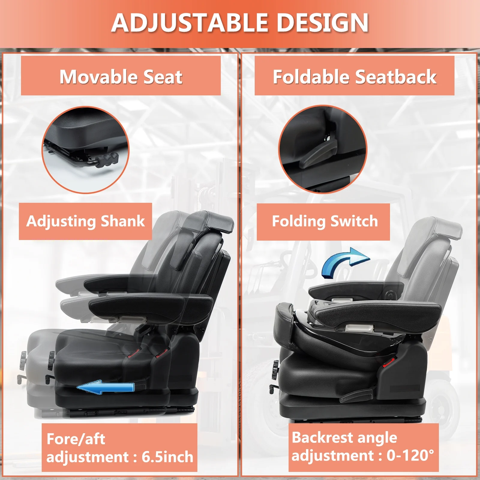 Highback Low Suspension Tractor Seat,Adjustable Backrest Headrest and Slide Rails Forklift seat,Adjustable Armrests Shock Absorber Heavy Duty for Excavator Harvester - Image 3