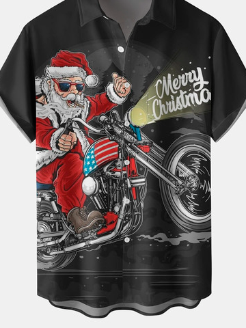 Chemise décontractée à manches courtes pour homme avec imprimé Père Noël et poche poitrine