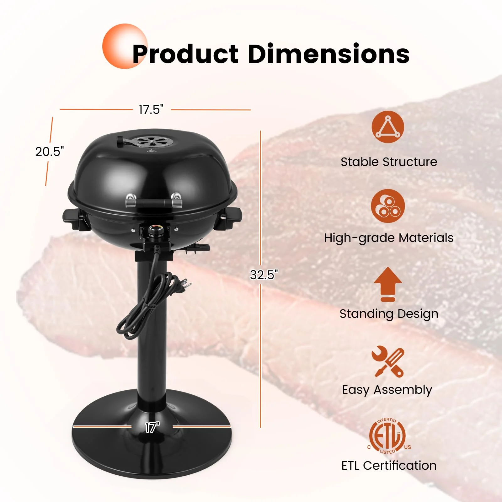 1600W Electric Grill Outdoor, 15 Serving Freestanding Camping Grill with Warming Rack, Removable Oil Drip Tray, Adjustable Temperature Control, Portable BBQ Grill for Patio, Backyard (Black) Image 7