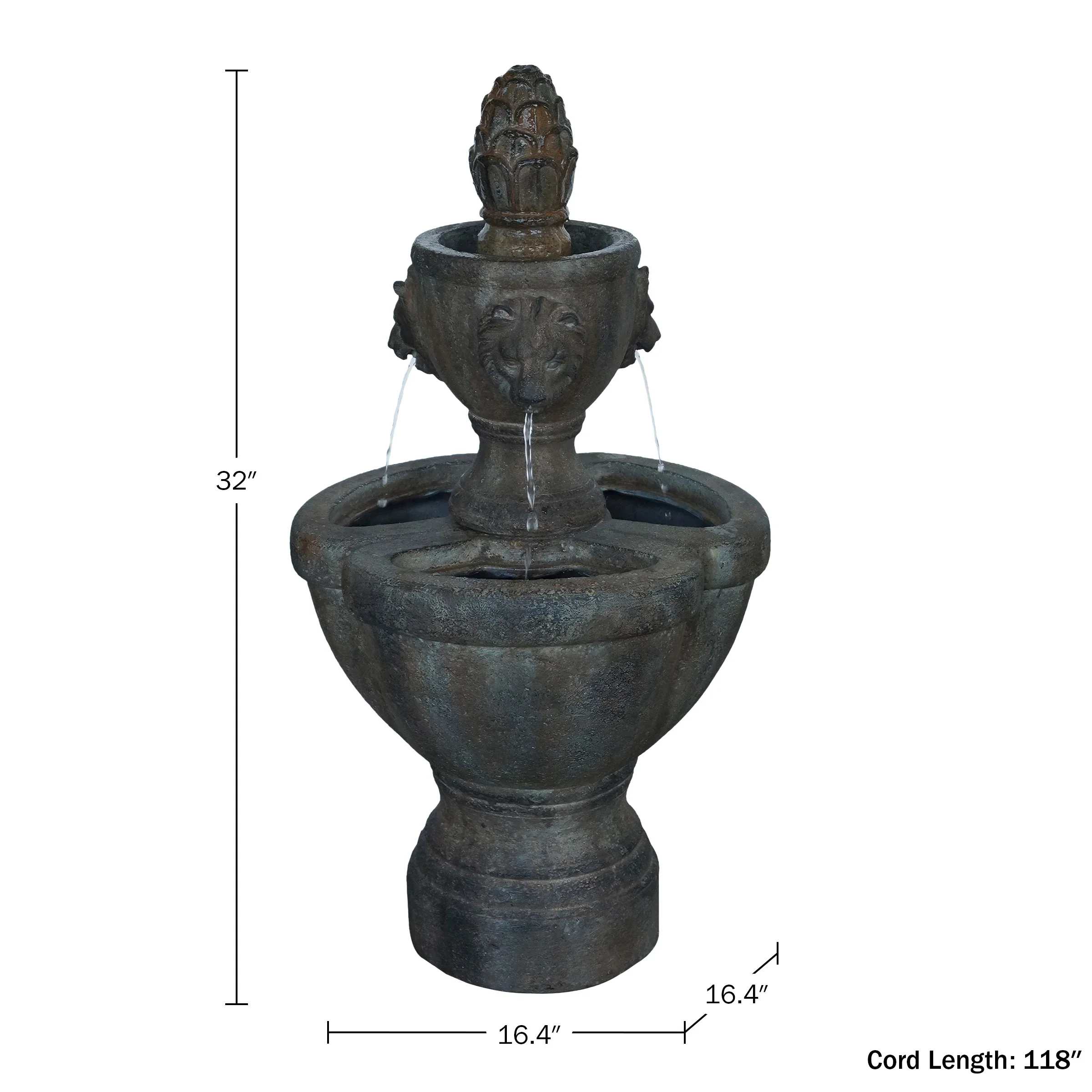 Pure Garden Polyresin Lawn and Garden Water Fountain with Lion Head Detail