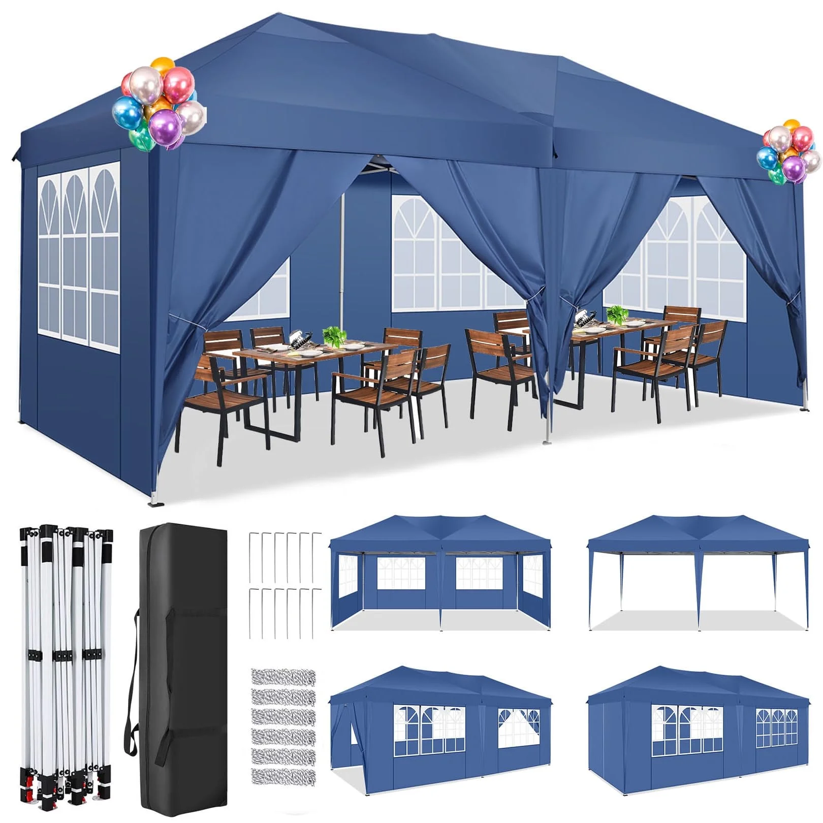 10' x 20' Pop Up Canopy Tent, Instant Outdoor Party Canopy, Straight Leg Shelter, Adjustable Height Waterproof Gazebo with Carrying Bag for Party Wedding Picnic Tent(10' x 20'/Blue) Image 6
