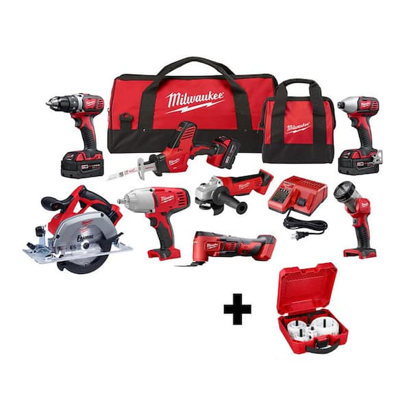 M18 18V Lithium Ion Cordless Combo Kit (8 Tool) with Three 4 0 Ah Batteries, 1 Charger, 2 Tool Bag and Hole Saw Set