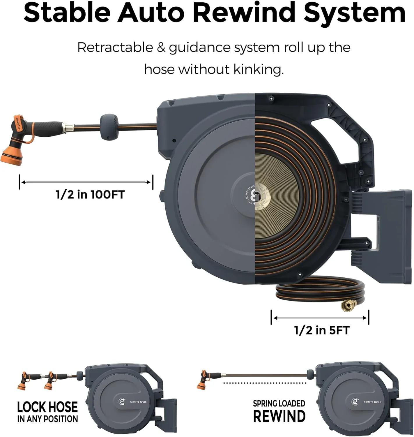 Giraffe Tools Retractable Garden Hose Reel with 1/2in-78ft Hose, Metal Bracket, Wall Mounted, Dark Grey