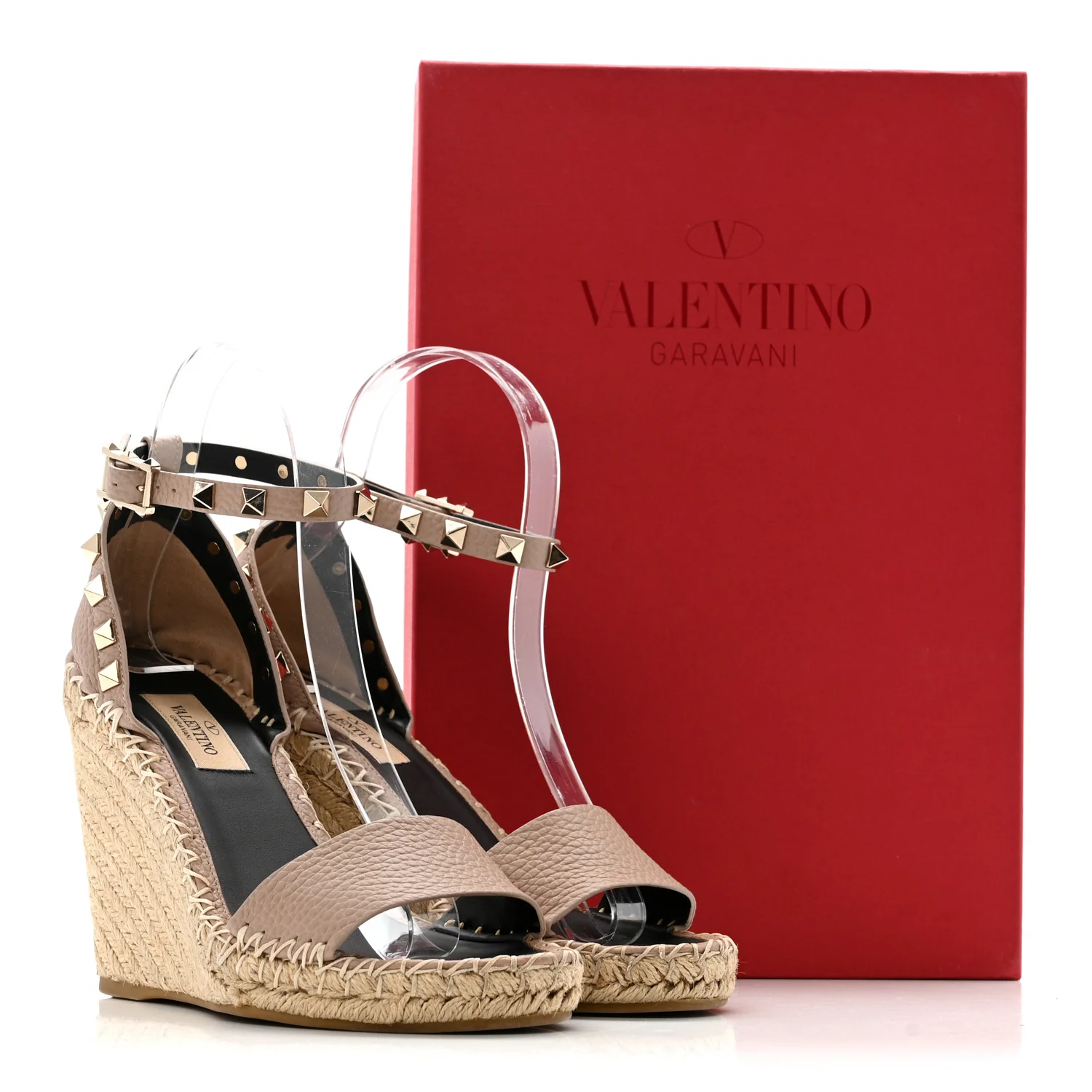 Grained Calfskin Rockstud Ankle Strap Espadrille 15/105mm Wedge Sandals 35 Rose Quartz Natural
