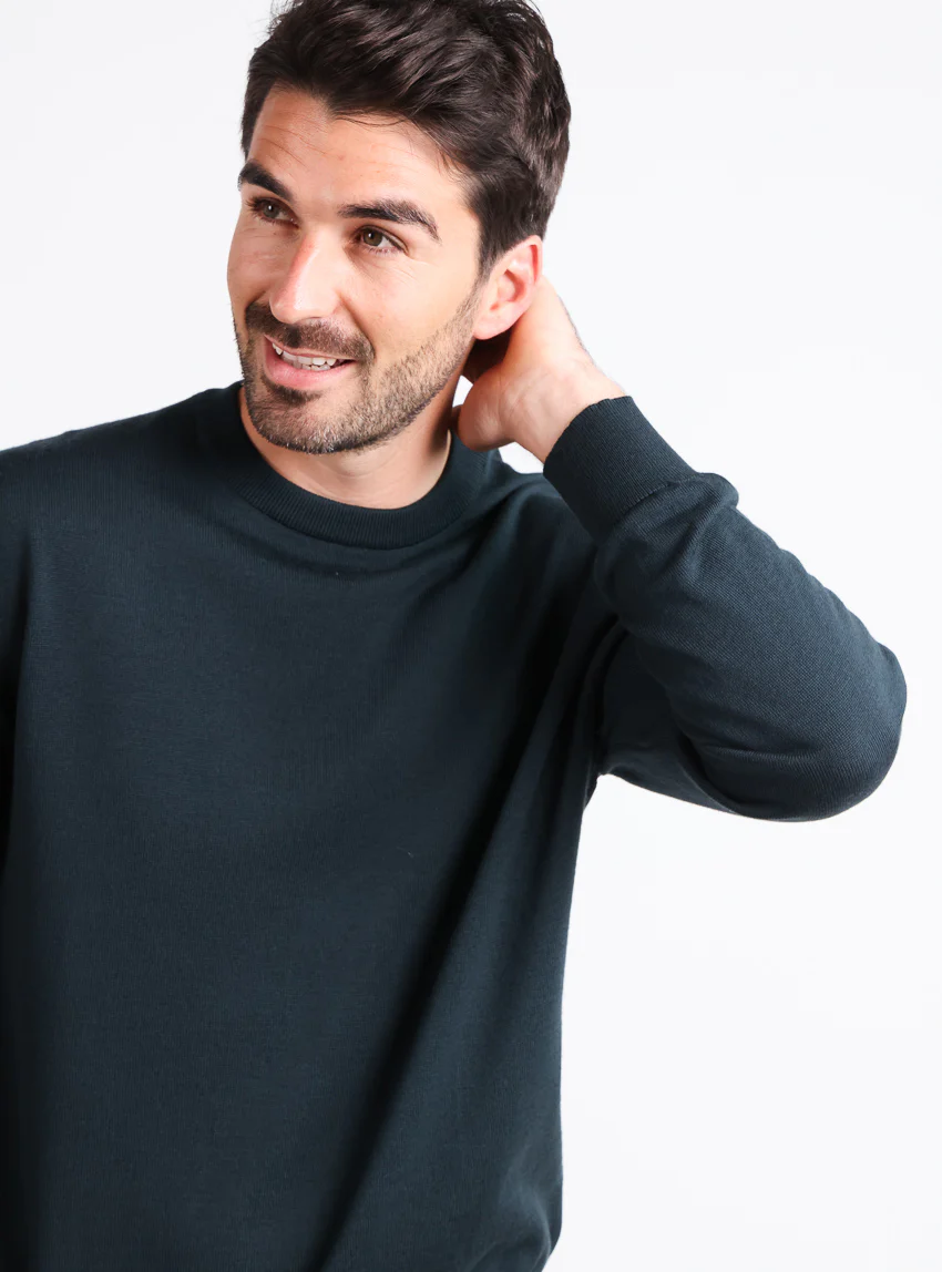 Pull homme col rond laine merinos Vert Sombre