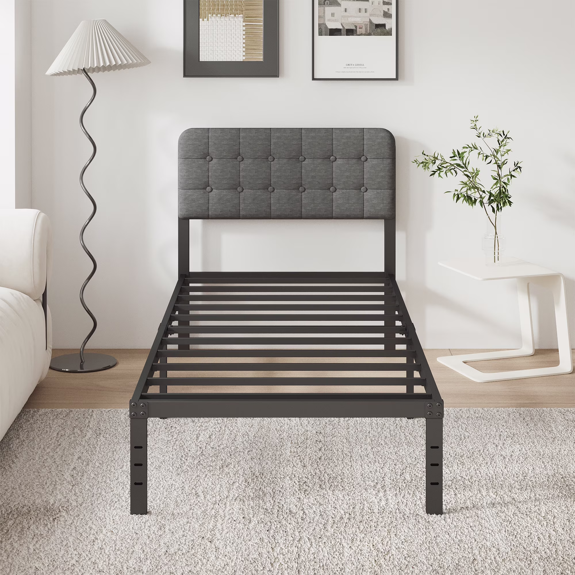 Maenizi Twin XL Bed Frames with Upholstered Headboard, 18 in Twin XL Metal Bed Frame No Box Spring Needed, Heavy Duty Metal Slats, Noise Free, Easy Assemble, Grey