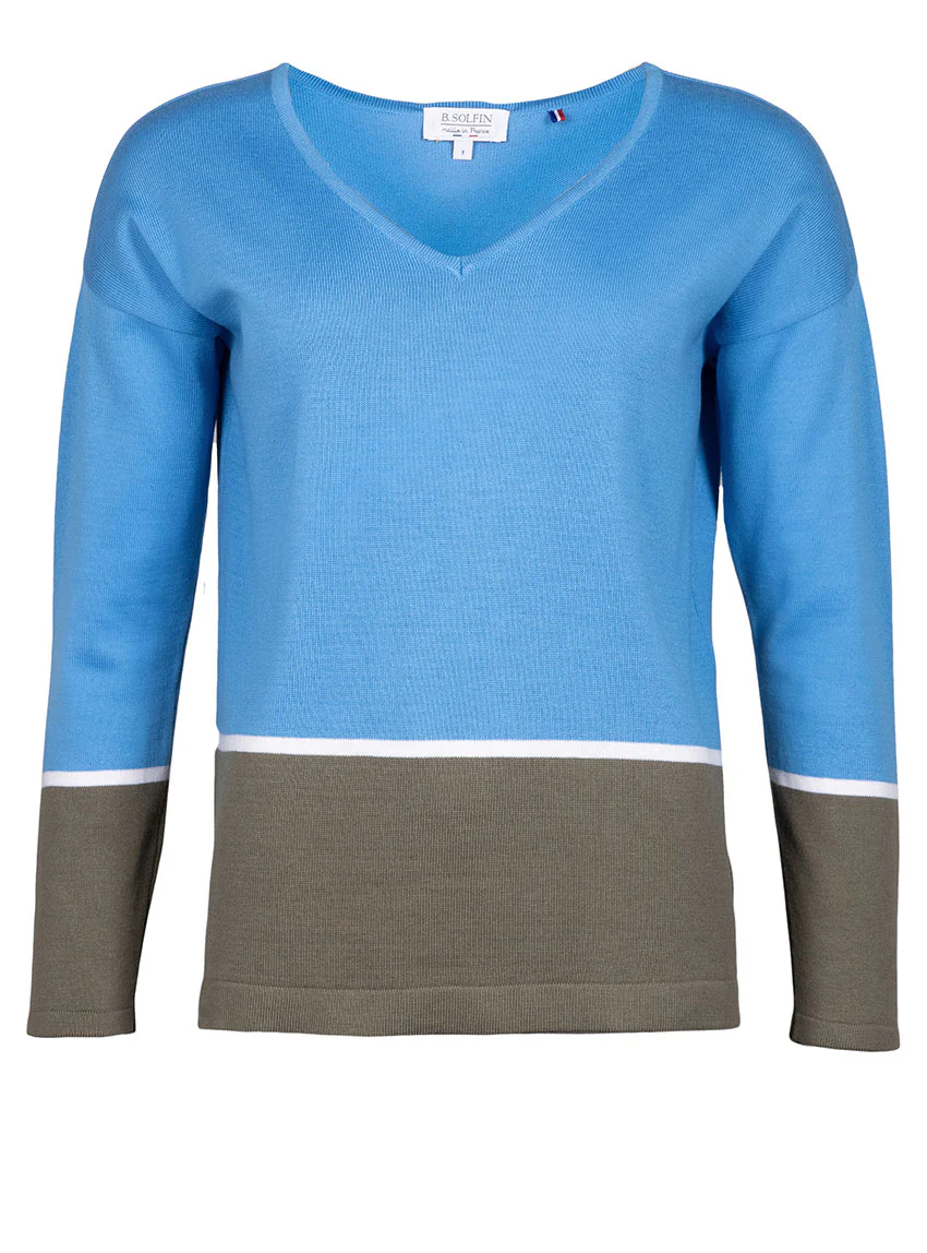 Pull femme col V coton bleu pacifique