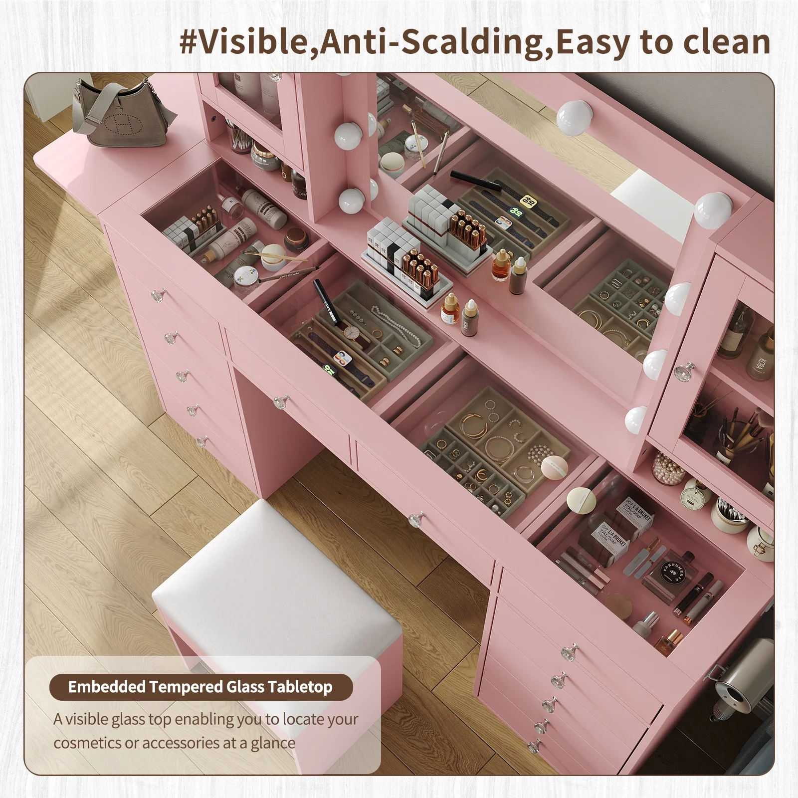 Vanity With Power Outlet, Vanity Desk With Mirror And 10 LED Lights, Makeup Vanity With 12 Drawers And 2 Cabinets, Fold-Up Panel, Glass Top Vanity Table With Chair For Bedroom - Image 6
