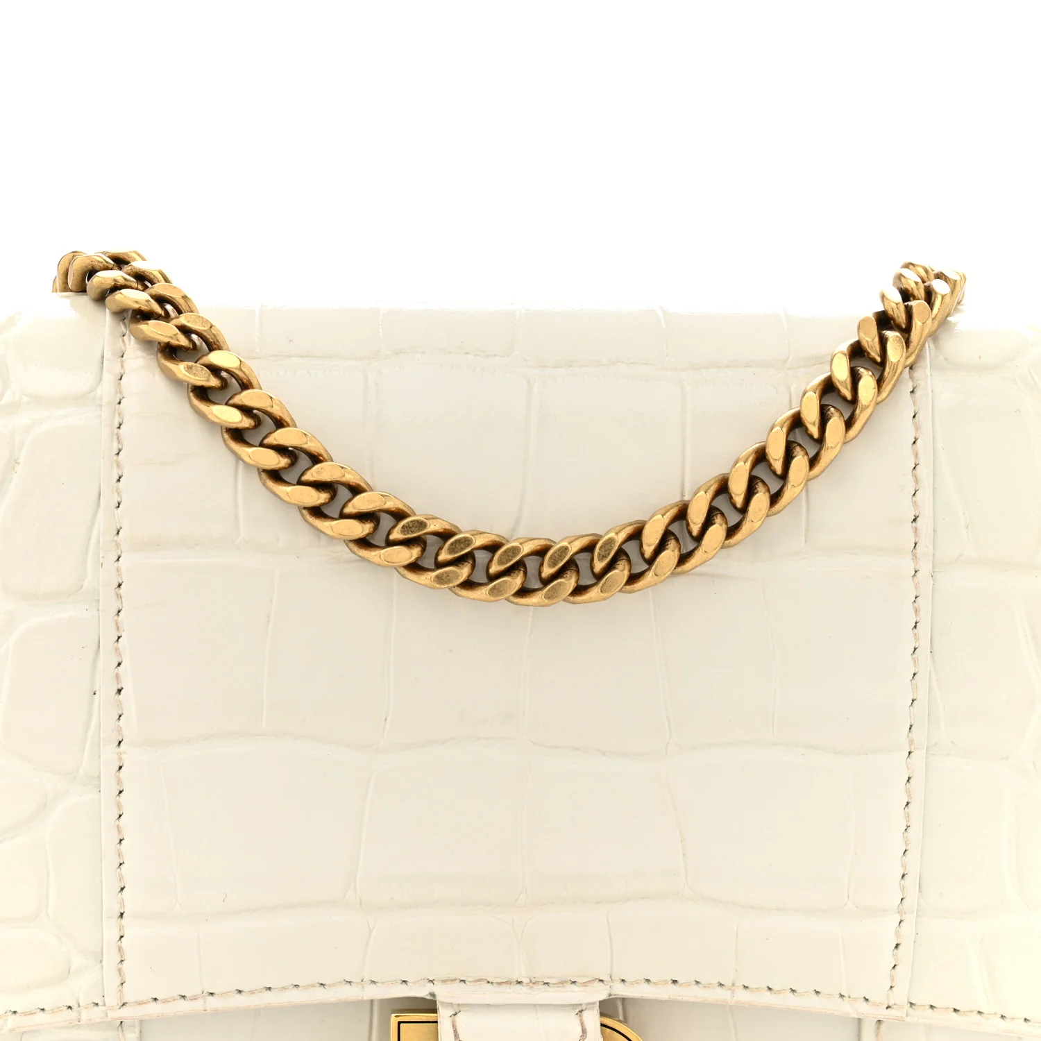 Shiny Calfskin Crocodile Embossed Hourglass Chain Bag White