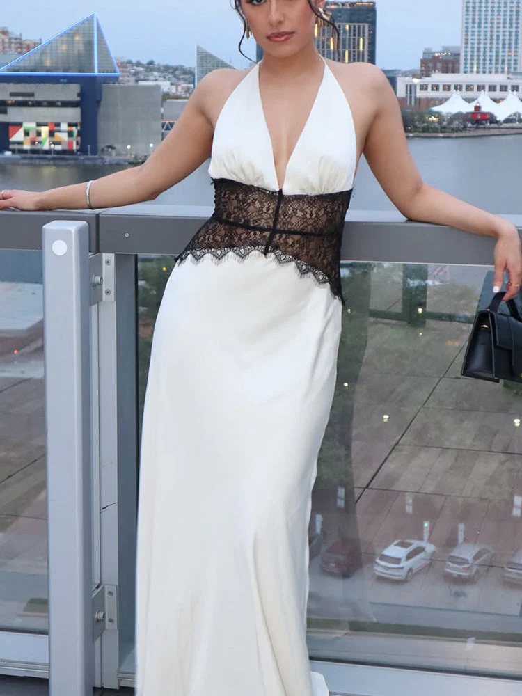 Robe Maxi Dos Nu à Panneaux en Dentelle et Col Halter
