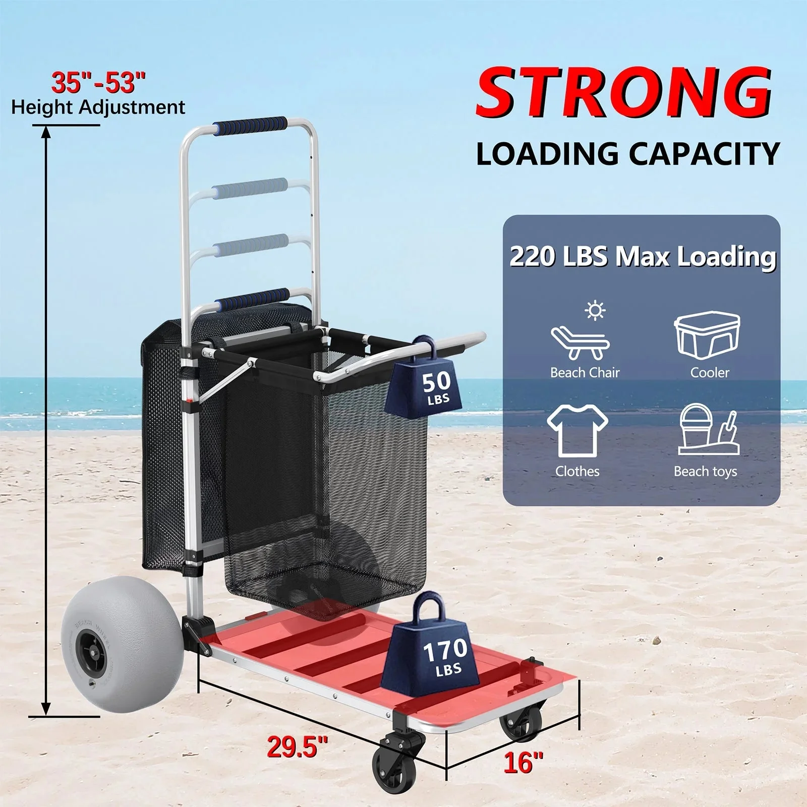 Chariot de plage pliable avec poignée réglable et roues ballons de 30 cm (12 po), en aluminium robuste, capacité de 100 kg (220 lb).